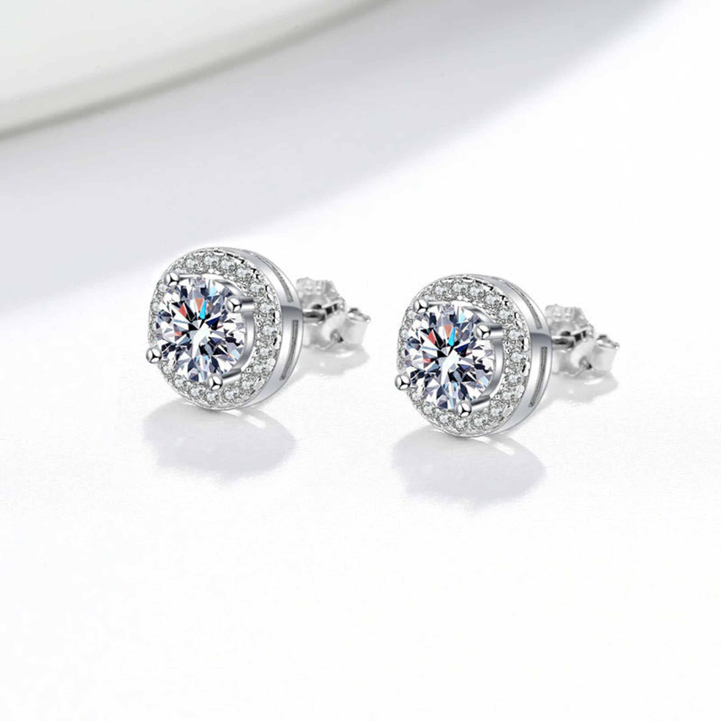 Earrings - 925 sterling silver earrings 14K Small Gold Plated Round Halo Cubic Zirconia Stud – Sparkling Hypoallergenic Earring for Women (9mm)
