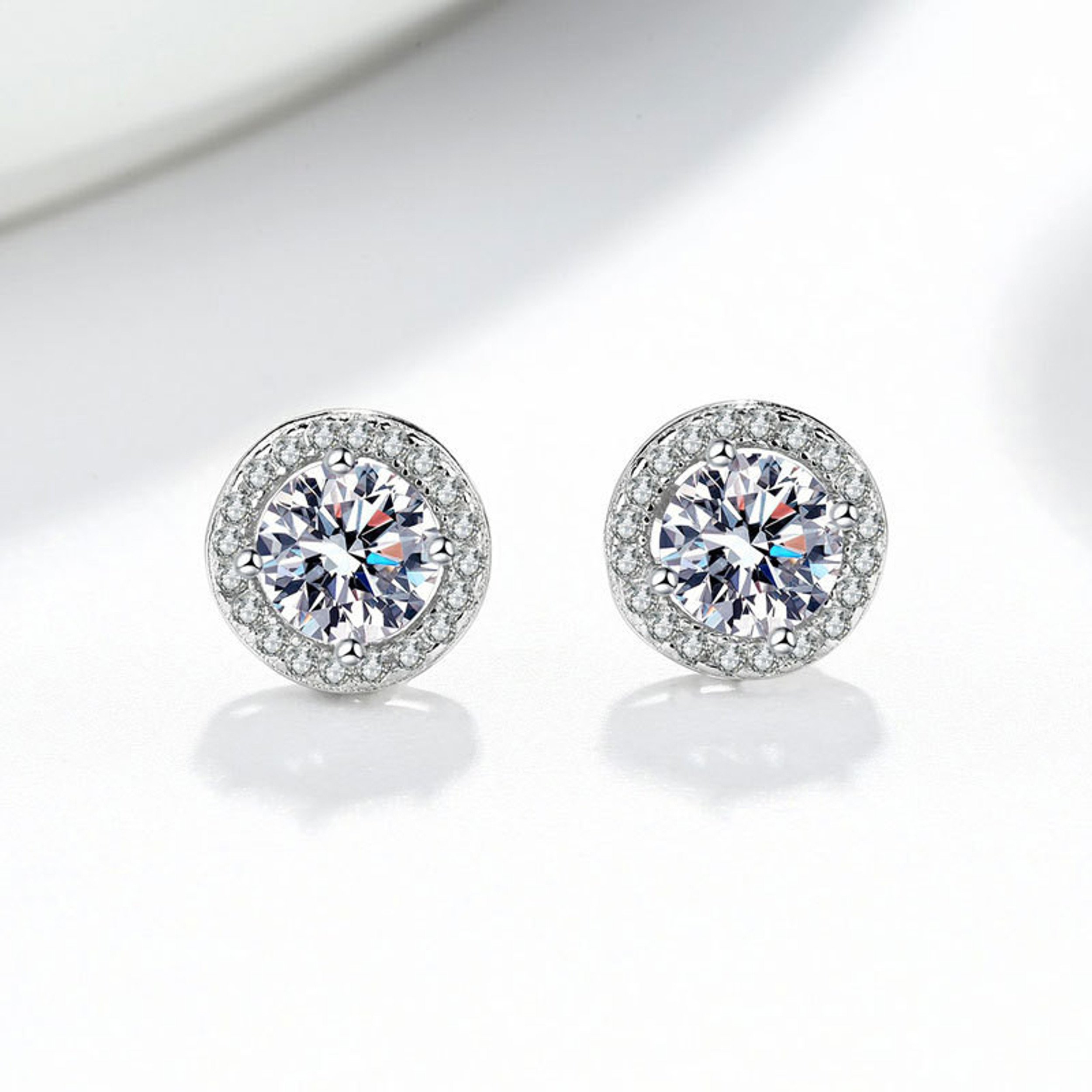 Earrings - 925 sterling silver earrings 14K Small Gold Plated Round Halo Cubic Zirconia Stud – Sparkling Hypoallergenic Earring for Women (9mm)