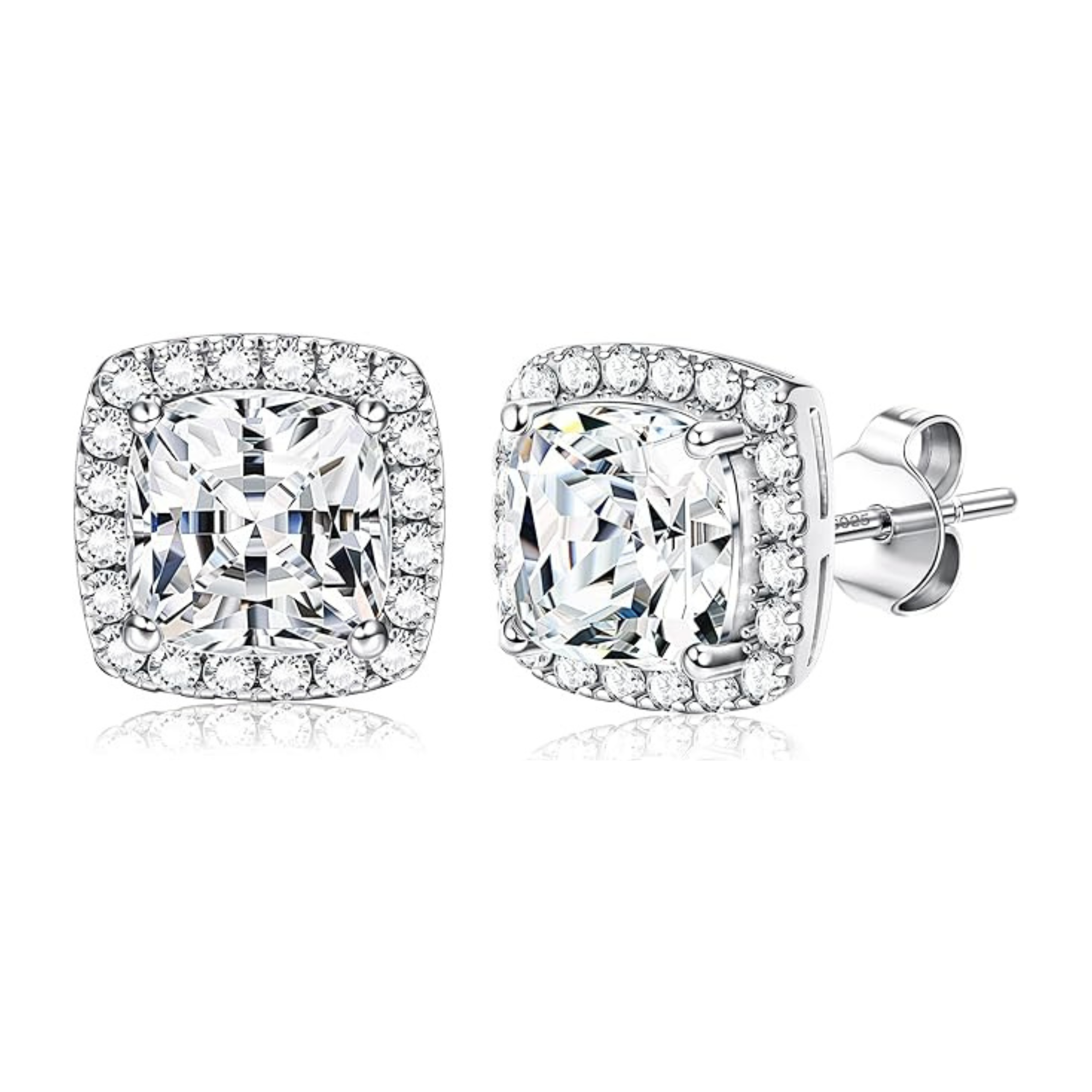 Earrings - 925 sterling silver earrings 14K Small Gold Plated Square Halo Cubic Zirconia Stud – Sparkling Hypoallergenic Earring for Women (10mm)