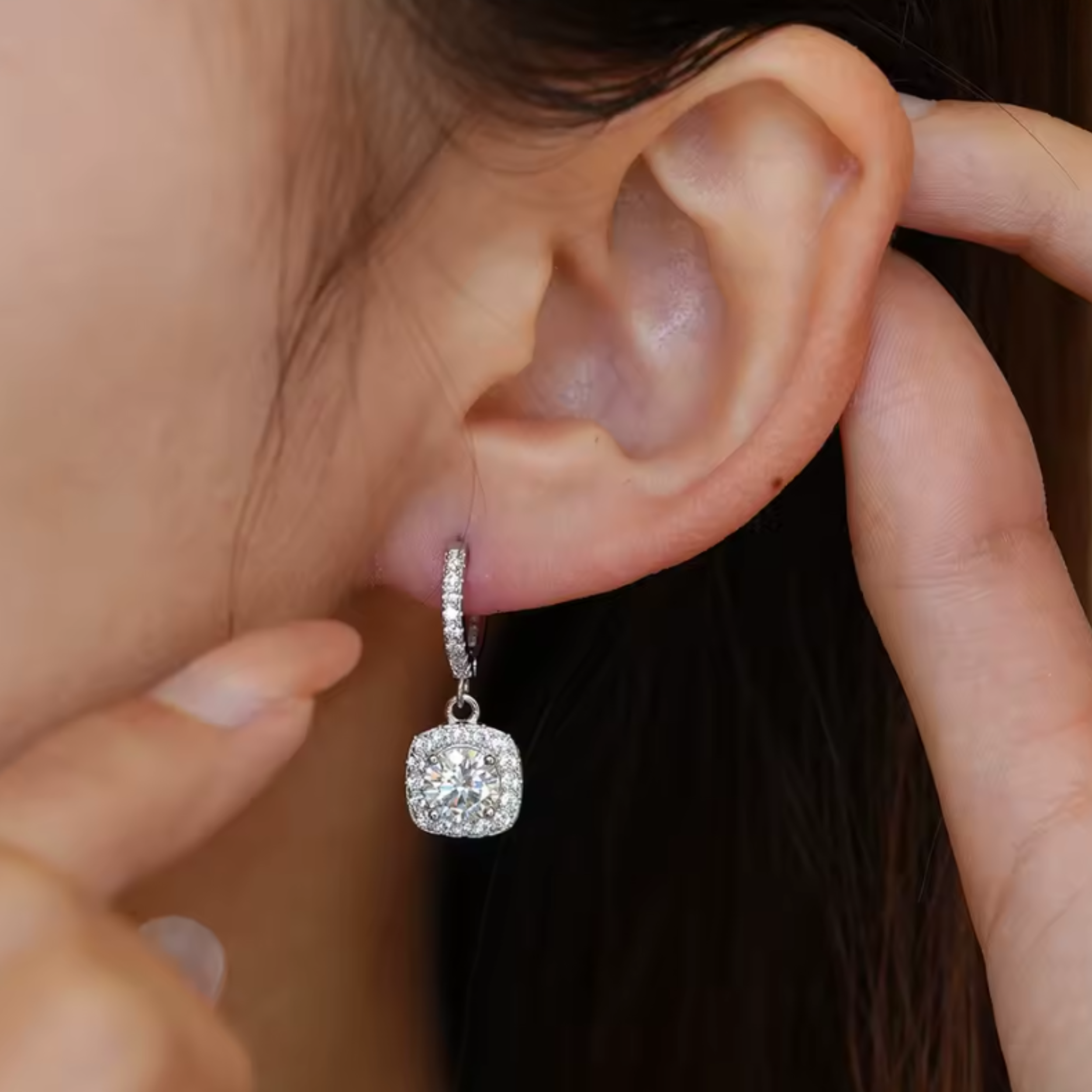 Earrings - Sterling Silver Round Halo Cubic Zirconia Dangle Earring – Huggie Sparkling Hypoallergenic Earring for Women