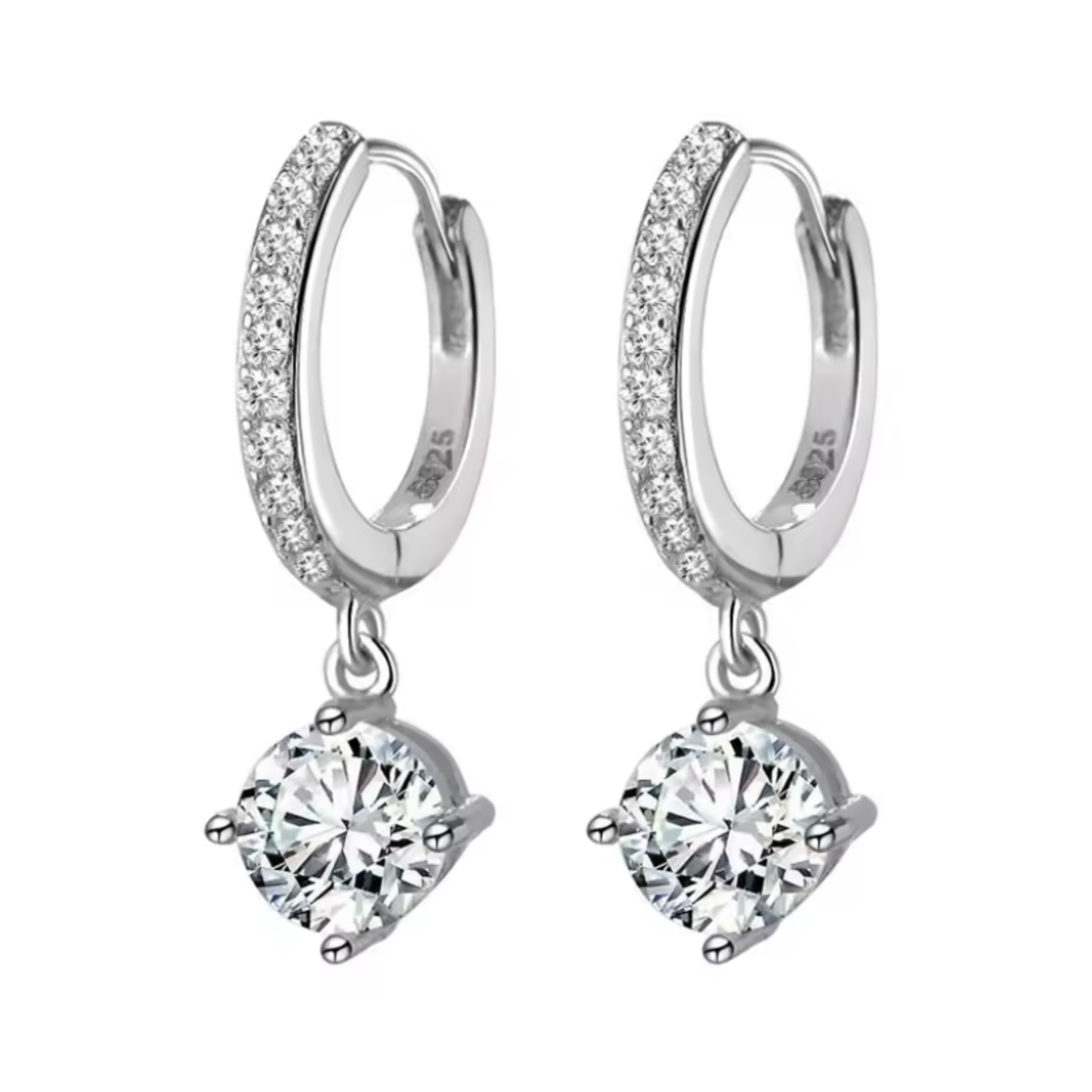 Earrings - Sterling Silver Round Cubic Zirconia Dangle Earring – Huggie Sparkling Solitaire Hypoallergenic Earring for Women