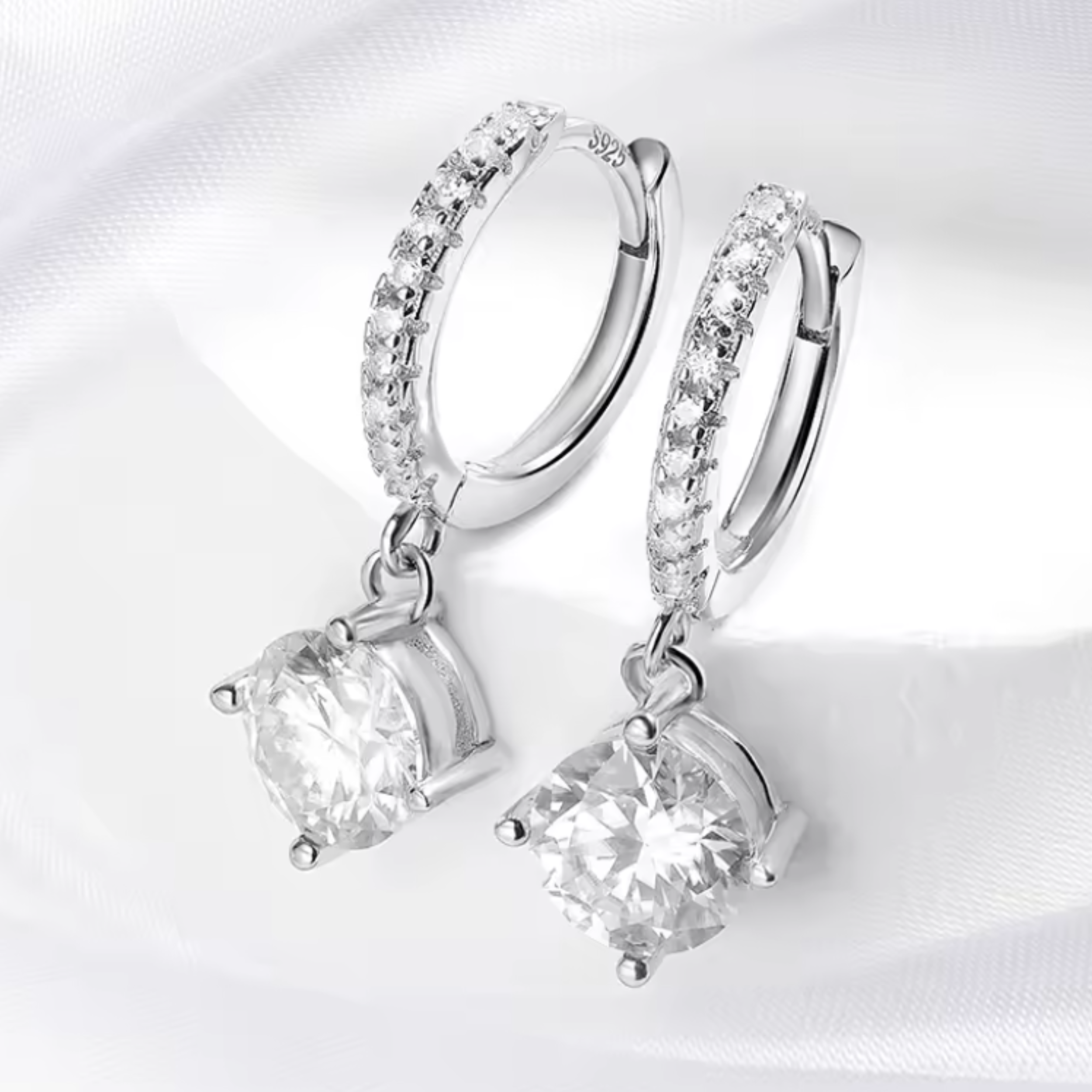 Earrings - Sterling Silver Round Cubic Zirconia Dangle Earring – Huggie Sparkling Solitaire Hypoallergenic Earring for Women