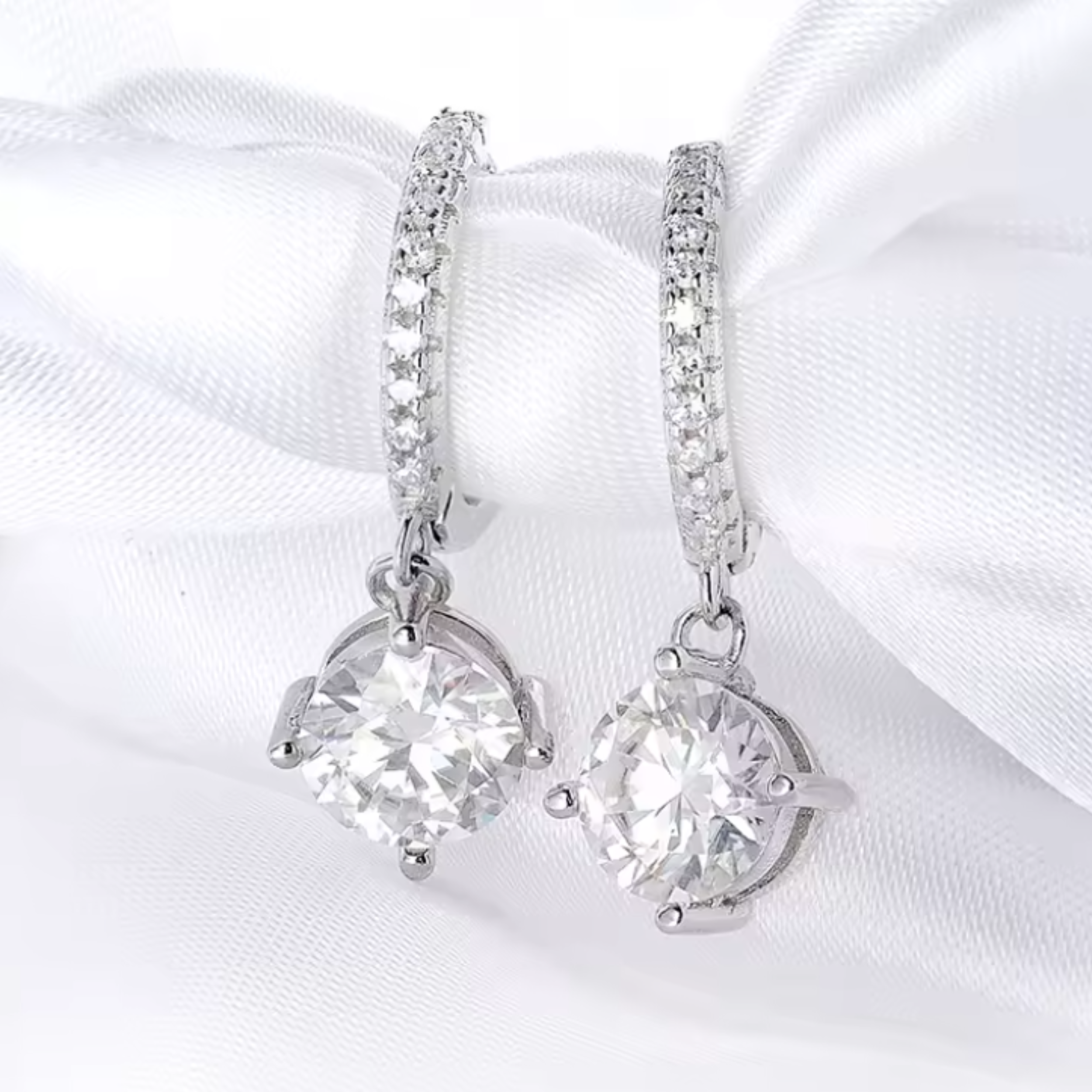 Earrings - Sterling Silver Round Cubic Zirconia Dangle Earring – Huggie Sparkling Solitaire Hypoallergenic Earring for Women