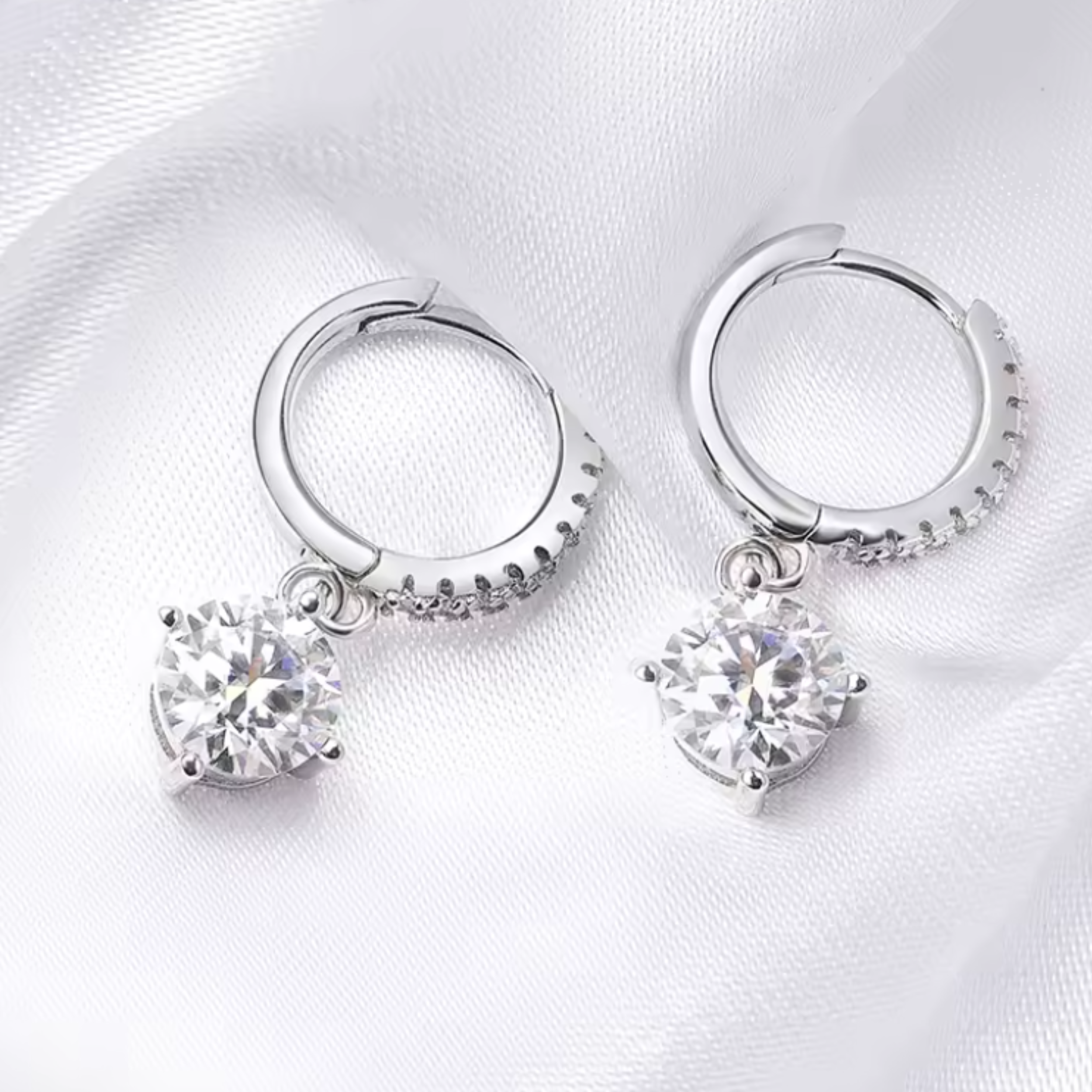 Earrings - Sterling Silver Round Cubic Zirconia Dangle Earring – Huggie Sparkling Solitaire Hypoallergenic Earring for Women