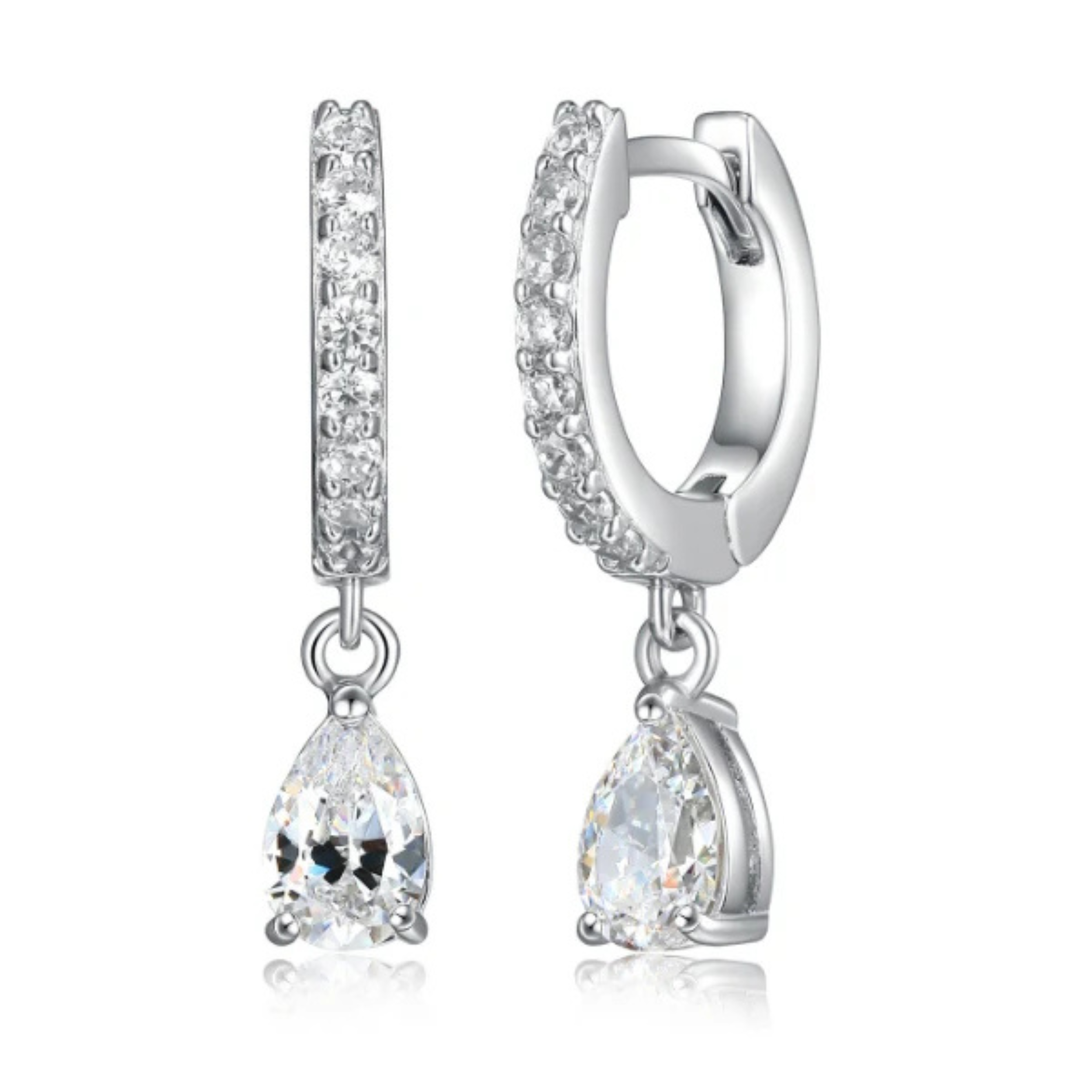 Earrings - Sterling Silver Teardrop Cubic Zirconia Dangle Earring – Huggie Sparkling Hypoallergenic Earring for Women