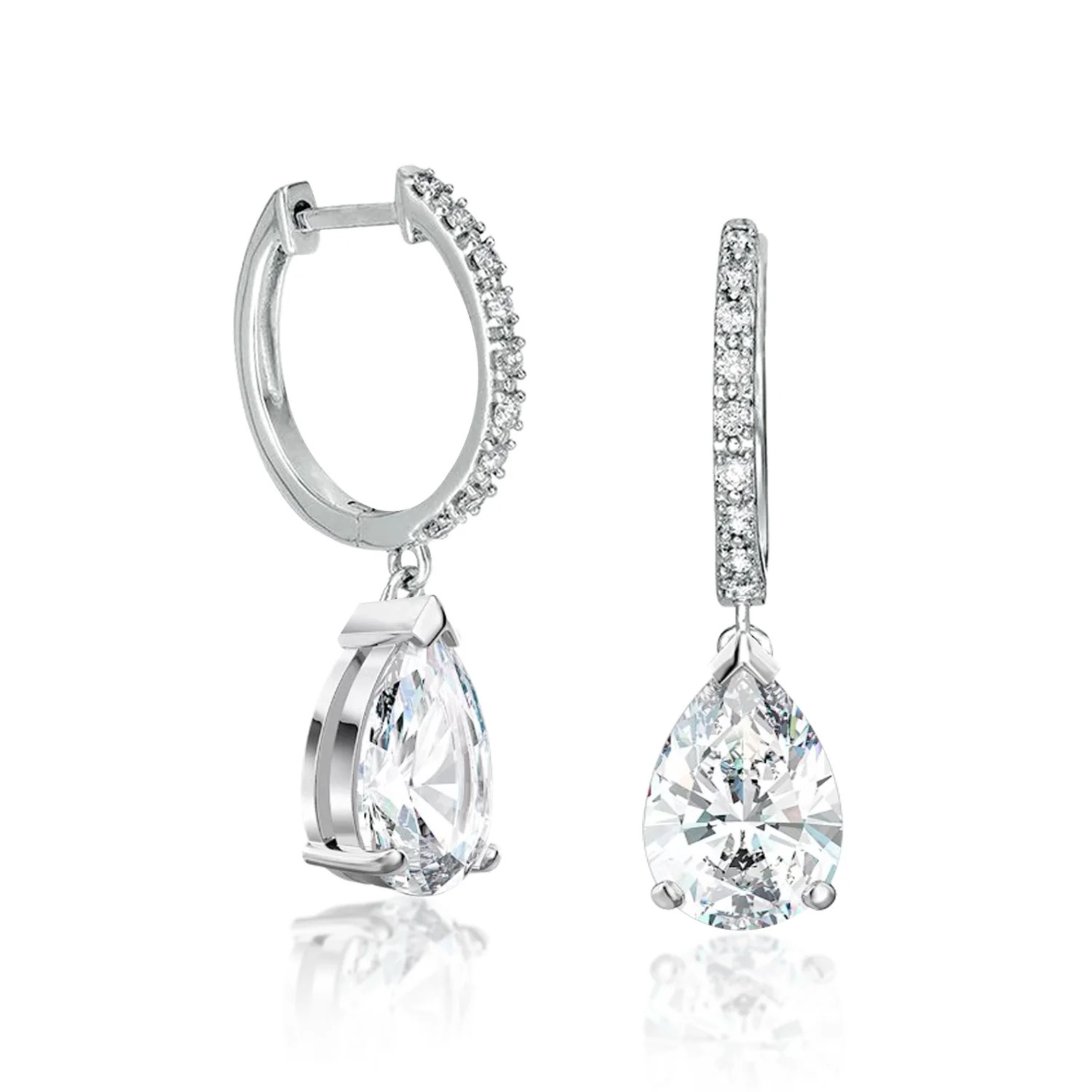 Earrings - Sterling Silver Teardrop Cubic Zirconia Dangle Earring – Huggie Sparkling Hypoallergenic Earring for Women