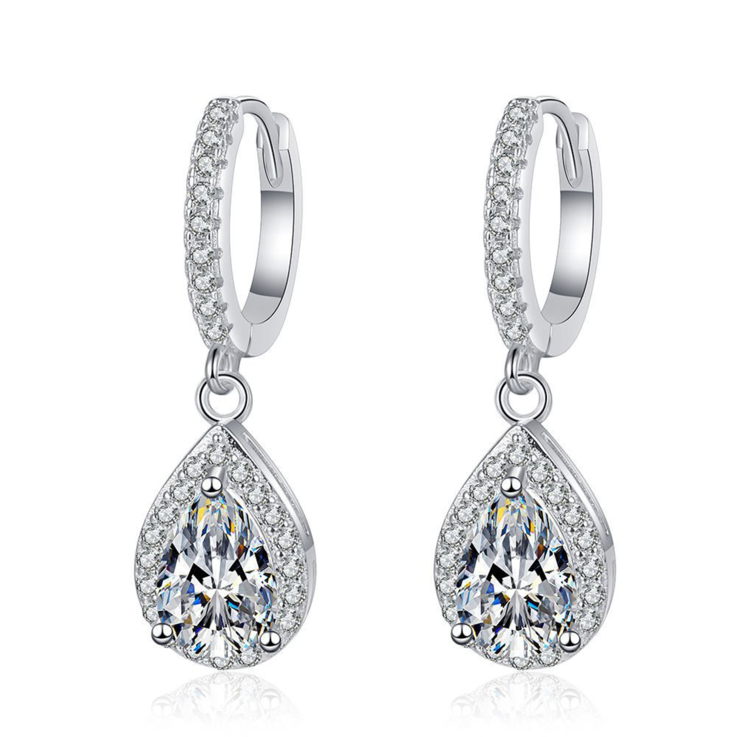 Earrings - Sterling Silver Teardrop Halo Cubic Zirconia Dangle Earring – Huggie Sparkling Hypoallergenic Earring for Women