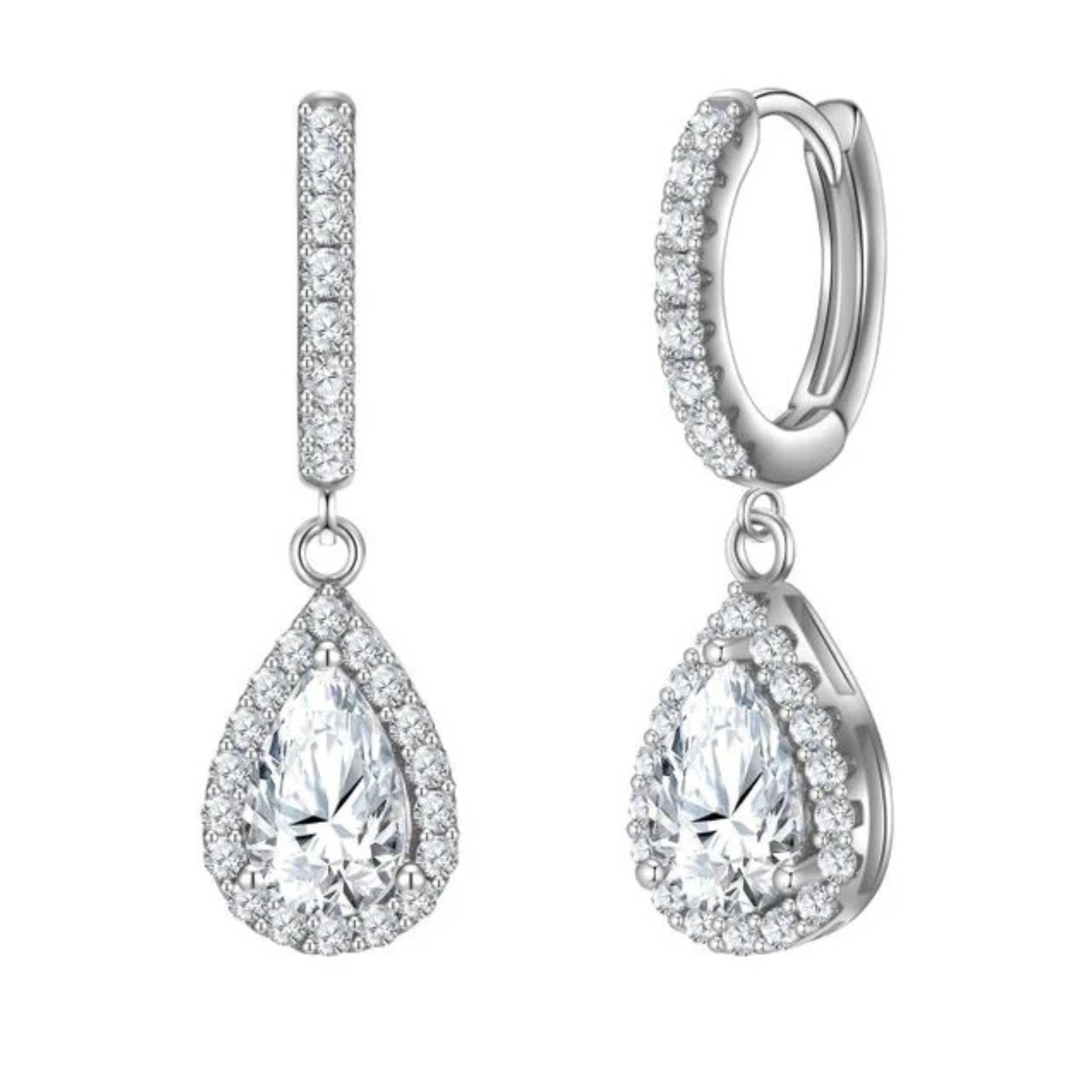 Earrings - Sterling Silver Teardrop Halo Cubic Zirconia Dangle Earring – Huggie Sparkling Hypoallergenic Earring for Women