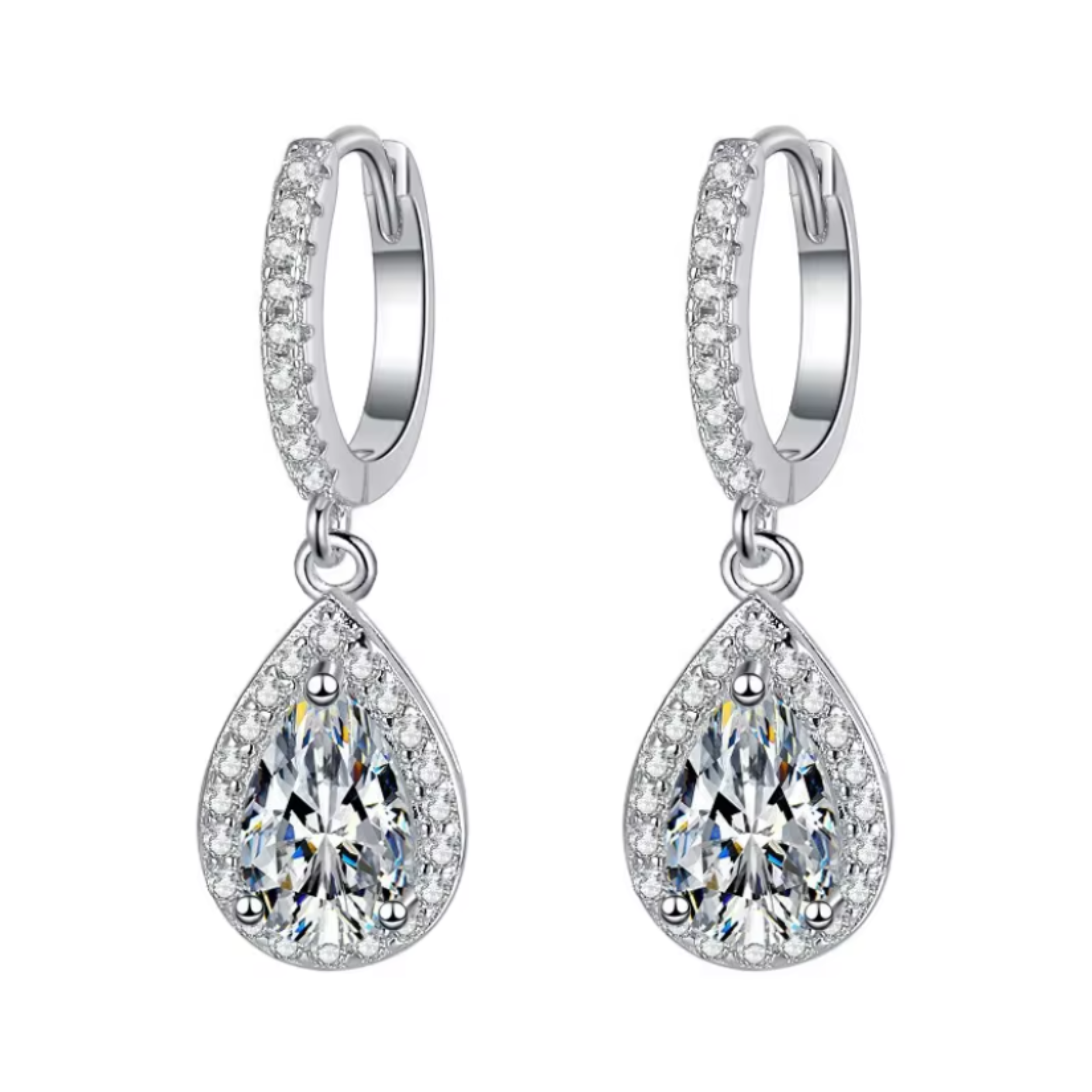 Earrings - Sterling Silver Teardrop Halo Cubic Zirconia Dangle Earring – Huggie Sparkling Hypoallergenic Earring for Women