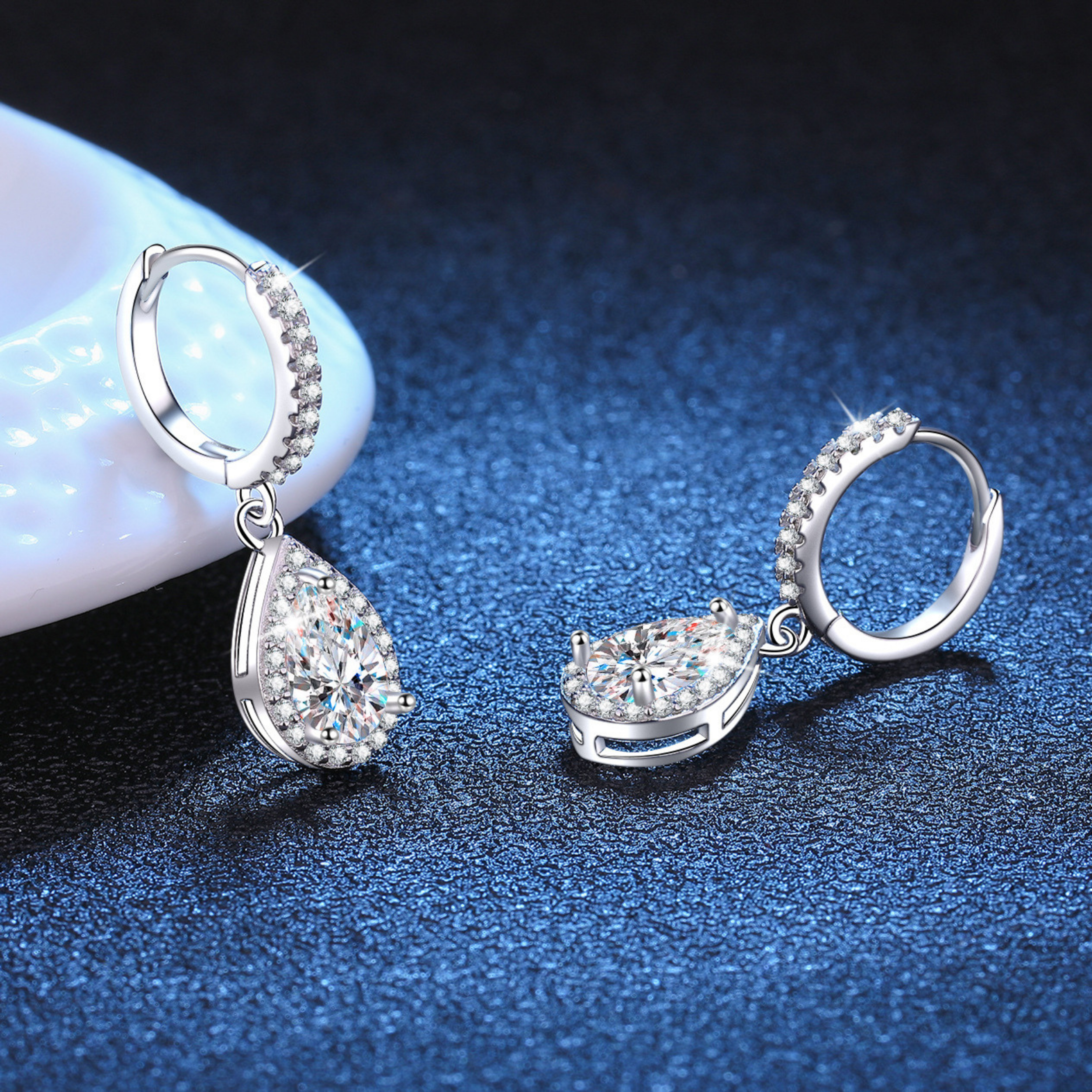 Earrings - Sterling Silver Teardrop Halo Cubic Zirconia Dangle Earring – Huggie Sparkling Hypoallergenic Earring for Women