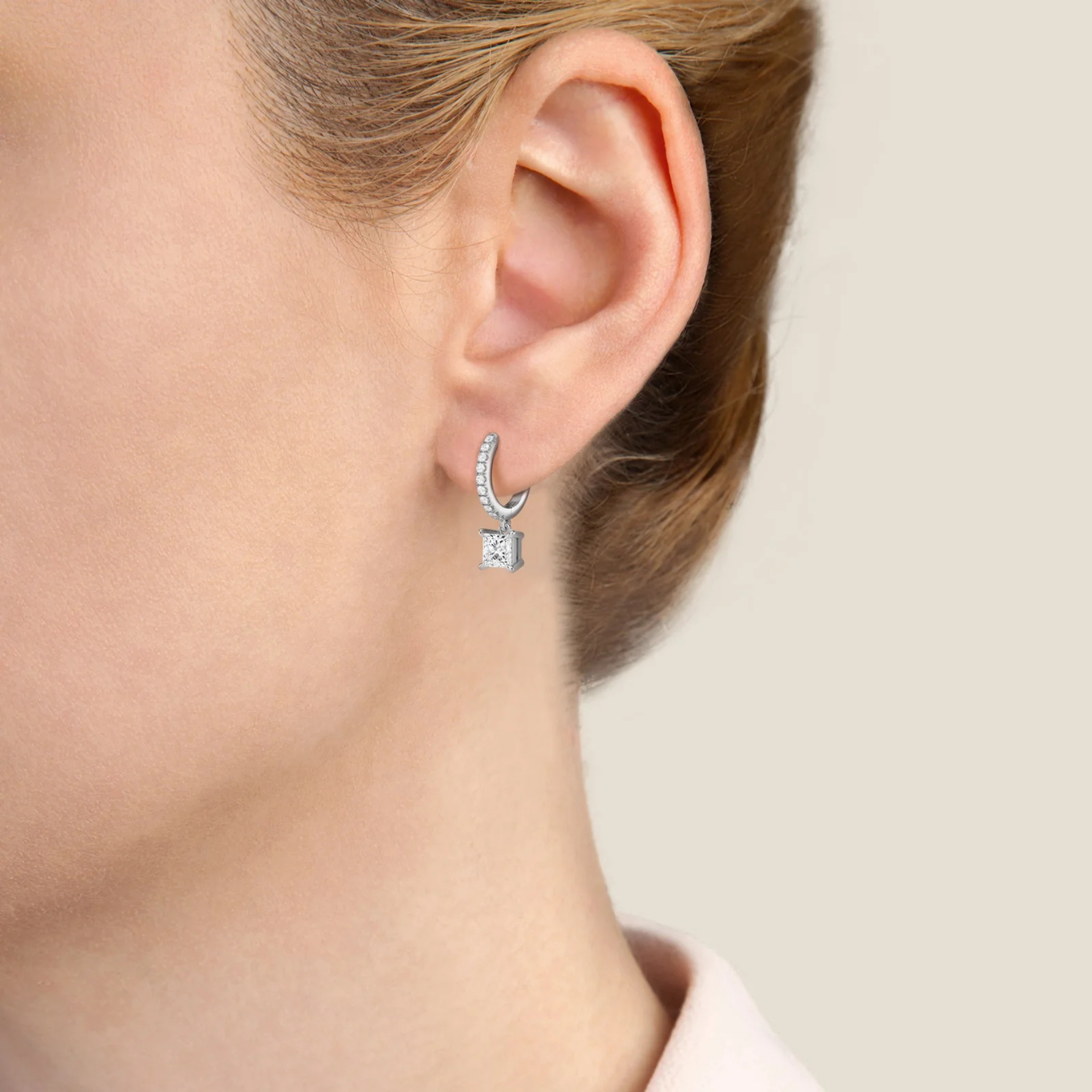 Earrings - Sterling Silver Princess Cut Cubic Zirconia Dangle Earring – Huggie Sparkling Hypoallergenic Earring for Women