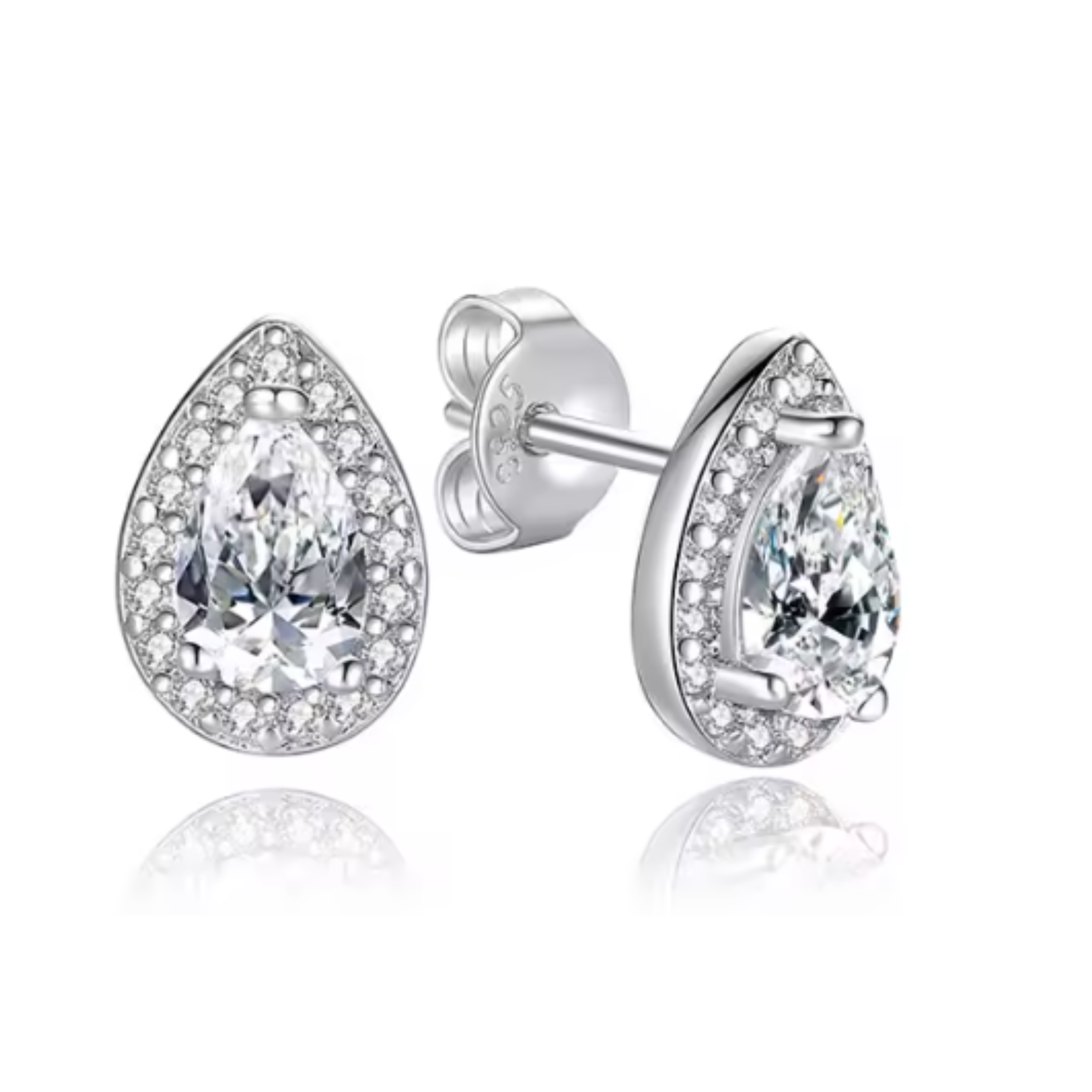 Earrings - Sterling Silver Teardrop Halo Cubic Zirconia Stud Earring – Sparkling Hypoallergenic Earring for Women