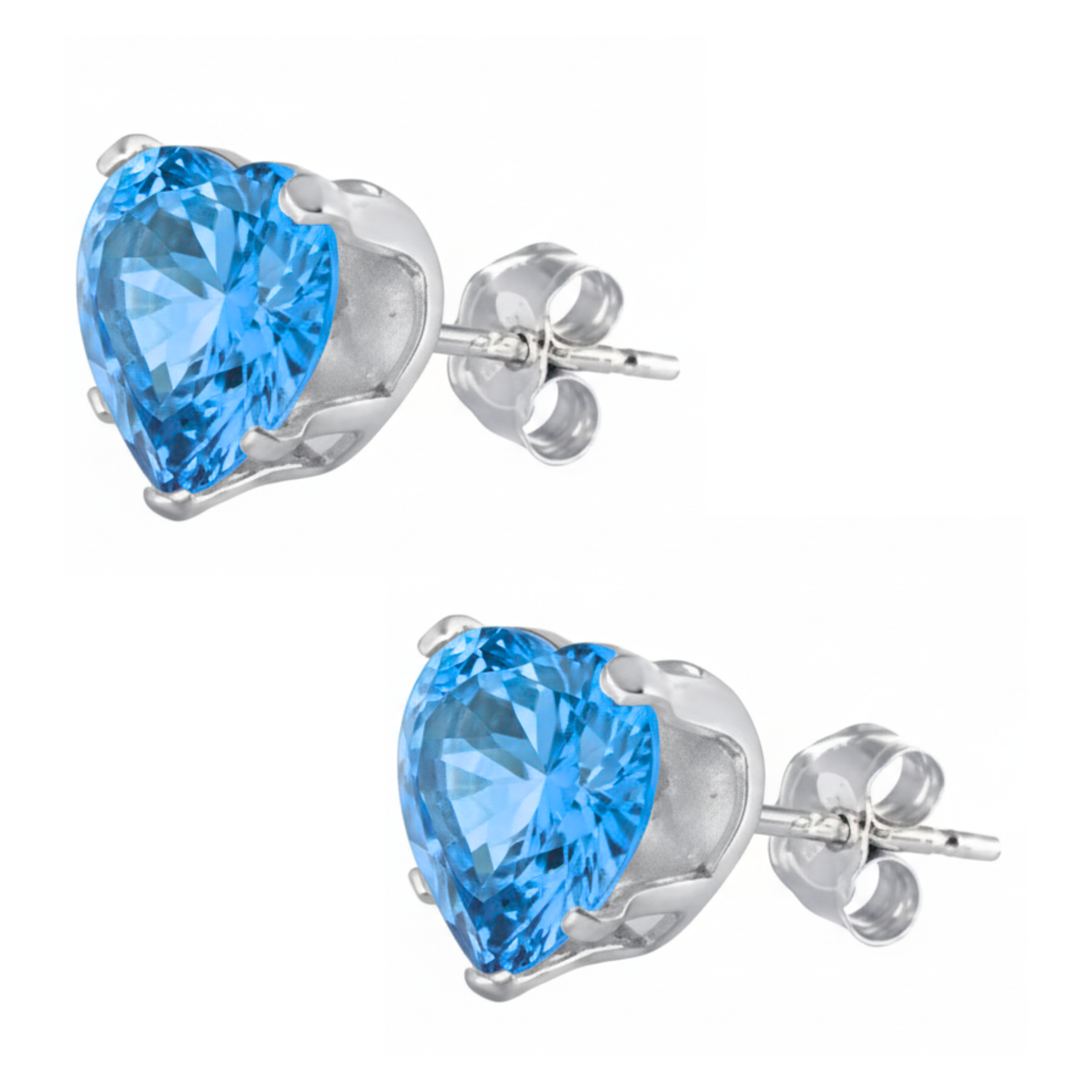 Earrings - Sterling Silver Blue Topaz Cubic Zirconia Heart Cut Studs (5mm)