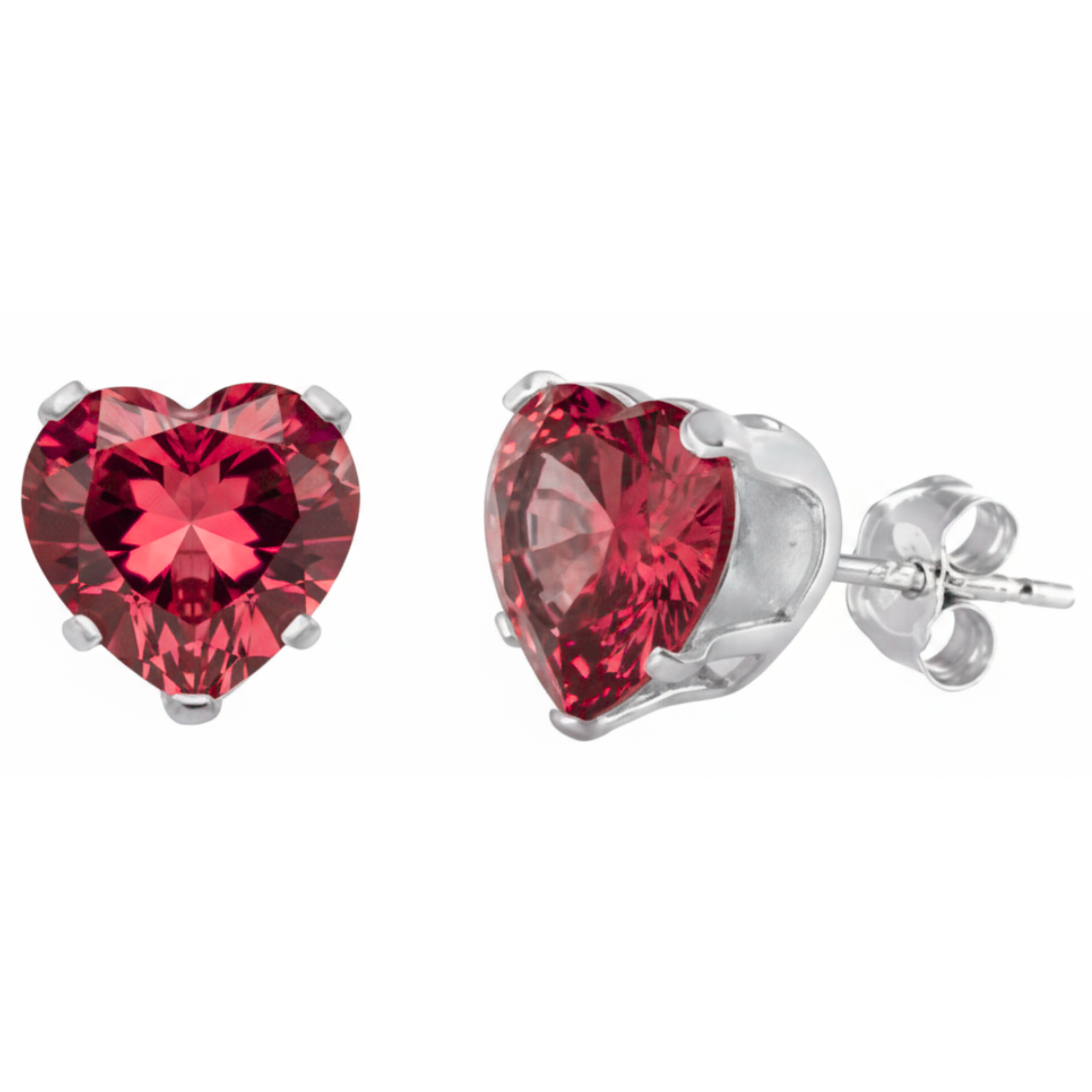 Earrings - Sterling Silver Ruby Cubic Zirconia Heart Cut Studs (5mm)