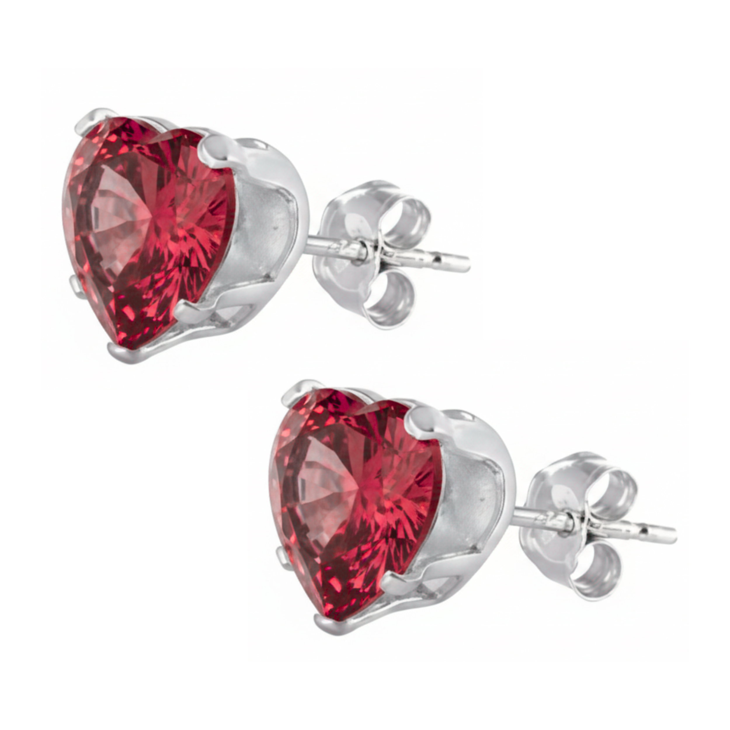 Earrings - Sterling Silver Ruby Cubic Zirconia Heart Cut Studs (5mm)