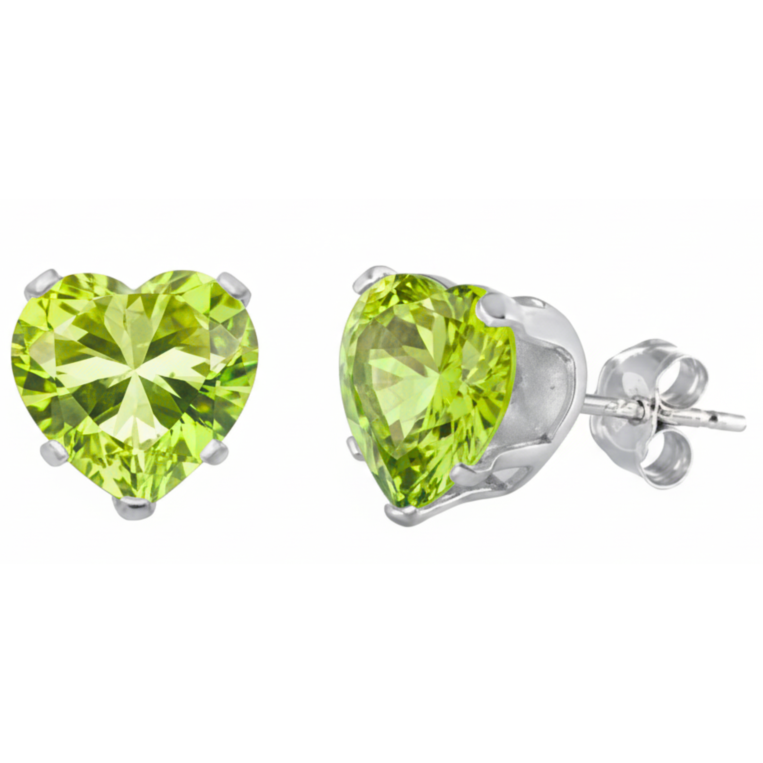 Earrings - Sterling Silver Peridot Cubic Zirconia Heart Cut Studs (5mm)