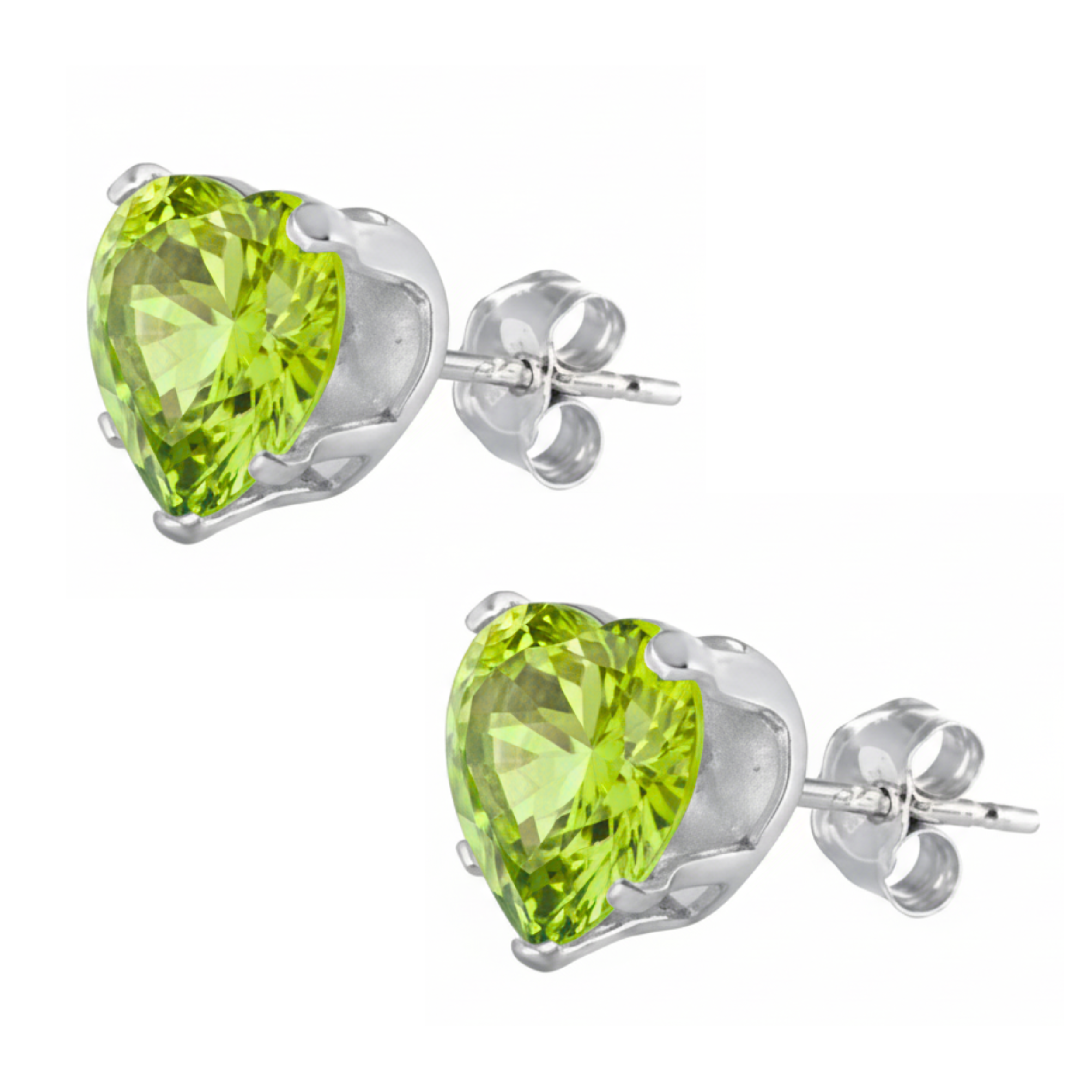 Earrings - Sterling Silver Peridot Cubic Zirconia Heart Cut Studs (5mm)