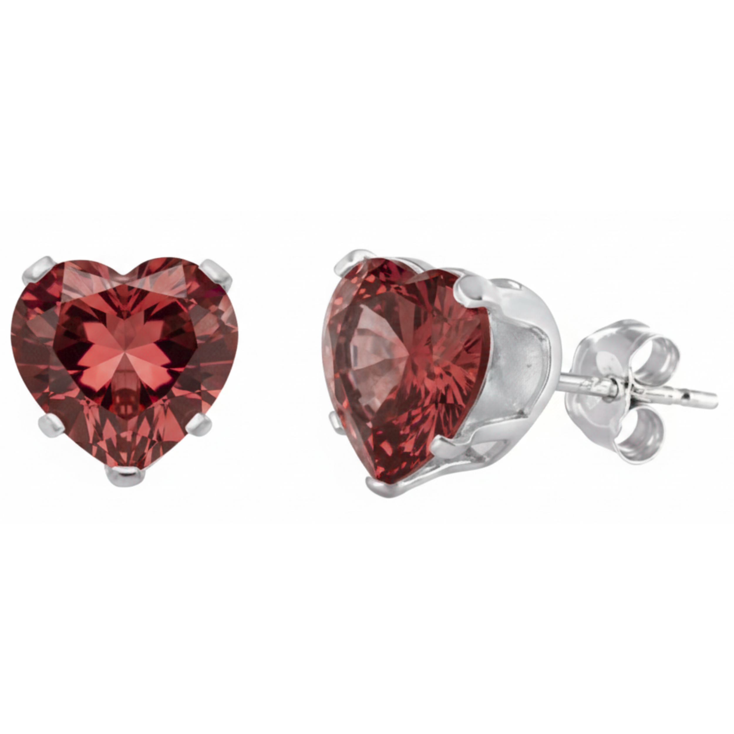 Earrings - Sterling Silver Garnet Cubic Zirconia Heart Cut Studs (5mm)