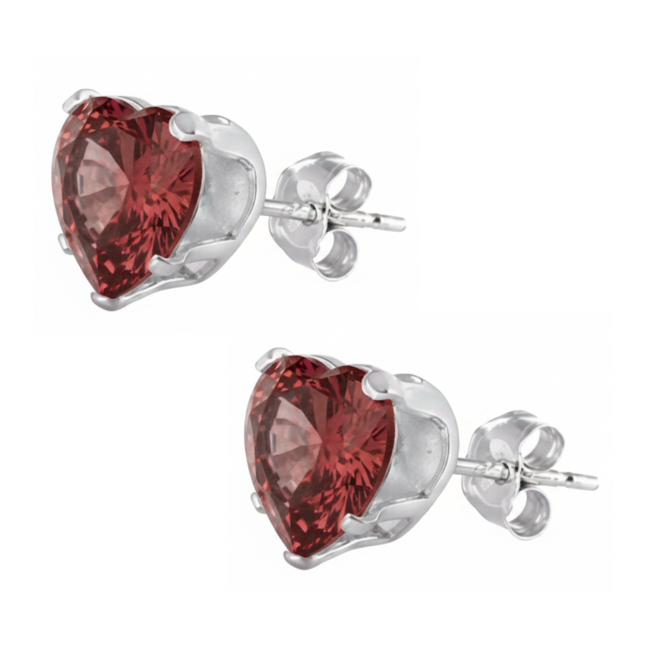 Earrings - Sterling Silver Garnet Cubic Zirconia Heart Cut Studs (5mm)