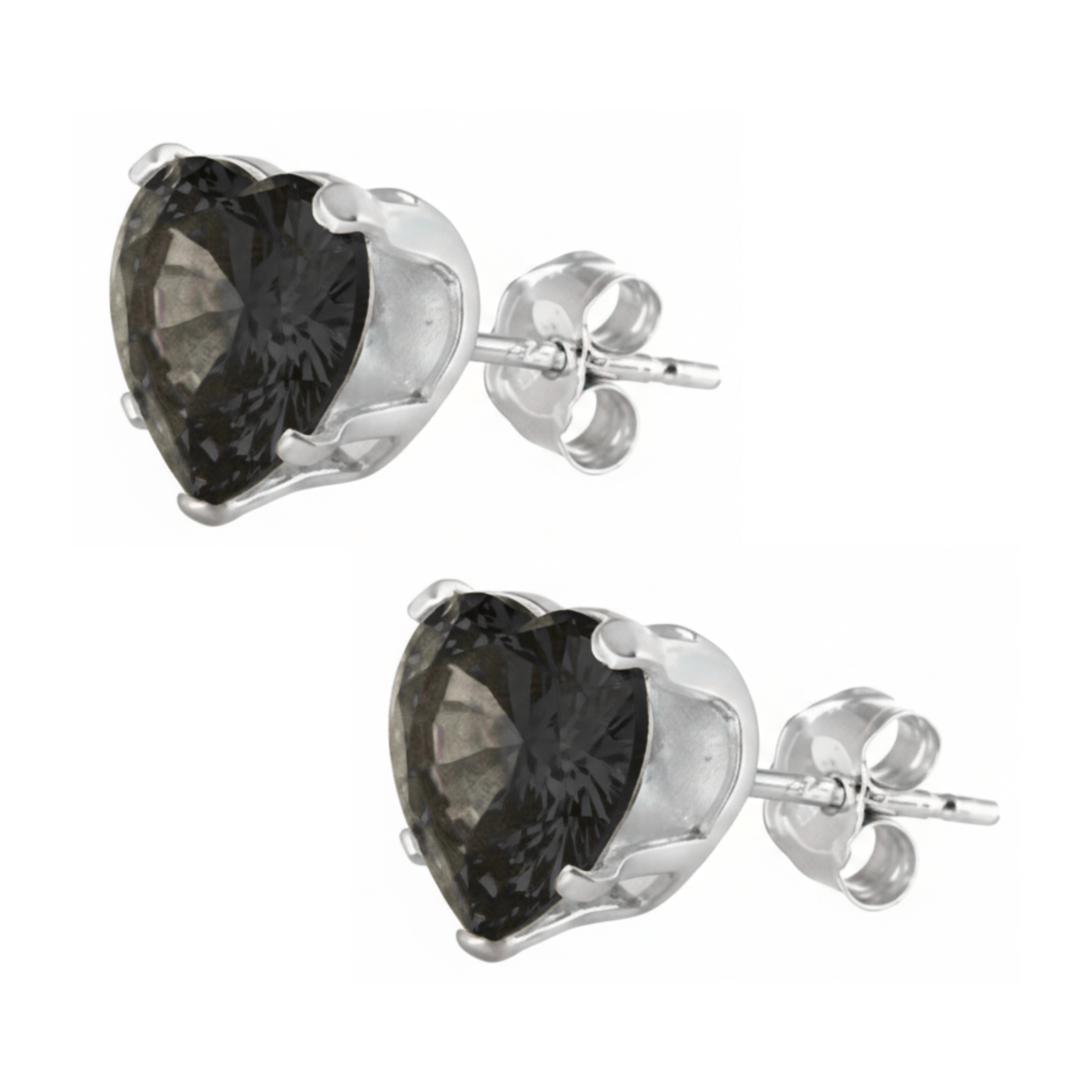 Earrings - Sterling Silver Black Cubic Zirconia Heart Cut Studs (5mm)