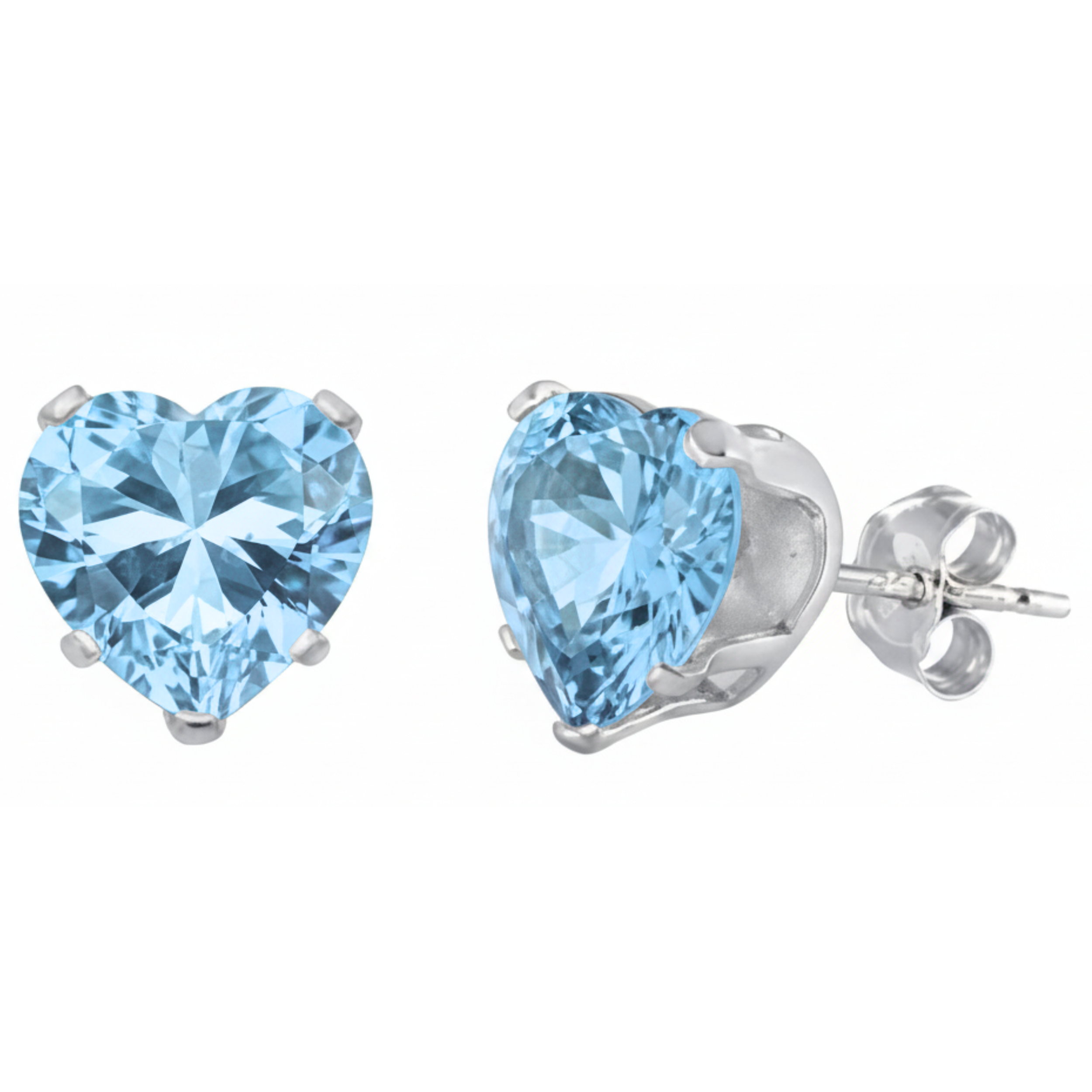 Earrings - Sterling Silver Aquamarine Cubic Zirconia Heart Cut Studs (5mm)