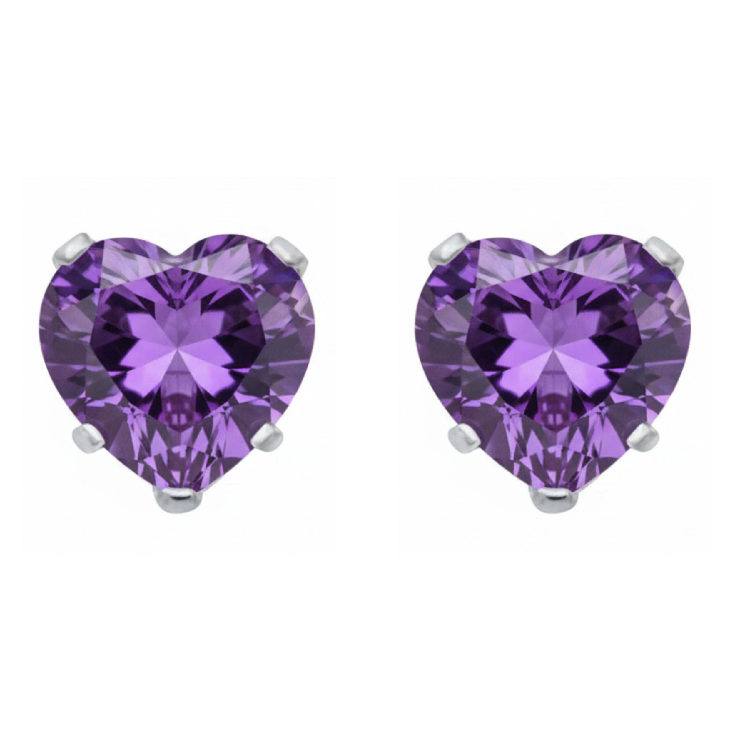 Earrings - Sterling Silver Amethyst Cubic Zirconia Heart Cut Studs (5mm)