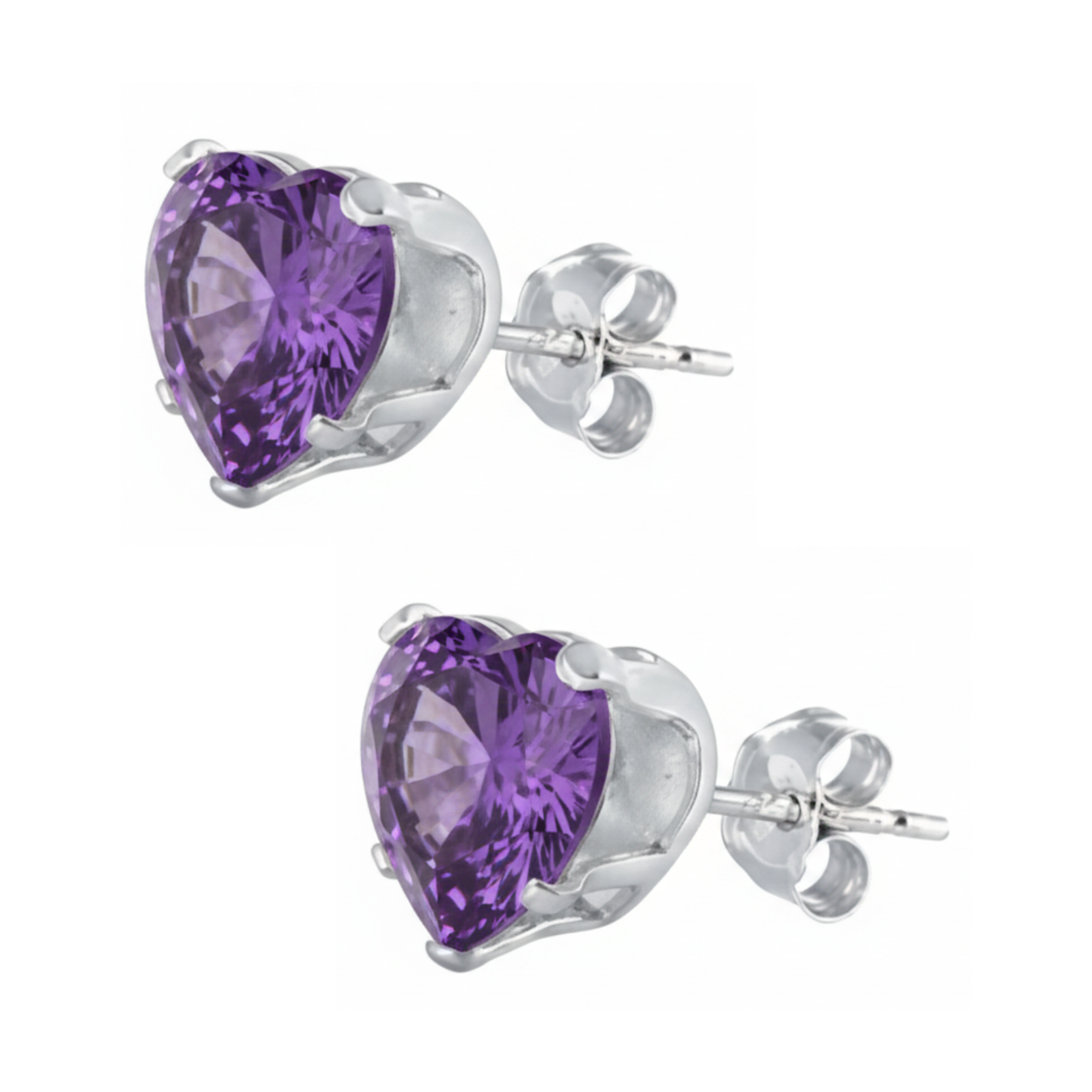 Earrings - Sterling Silver Amethyst Cubic Zirconia Heart Cut Studs (5mm)