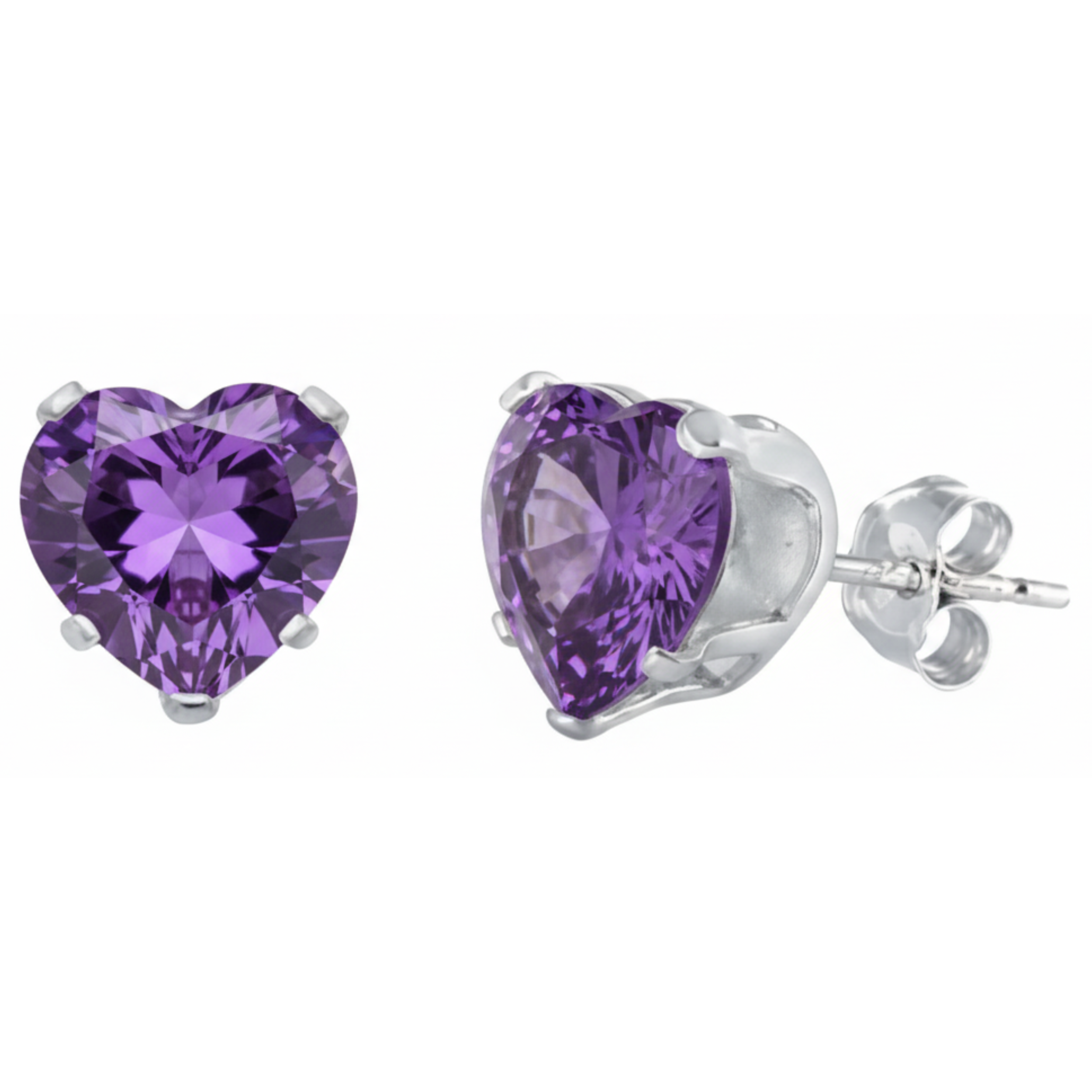 Earrings - Sterling Silver Amethyst Cubic Zirconia Heart Cut Studs (5mm)