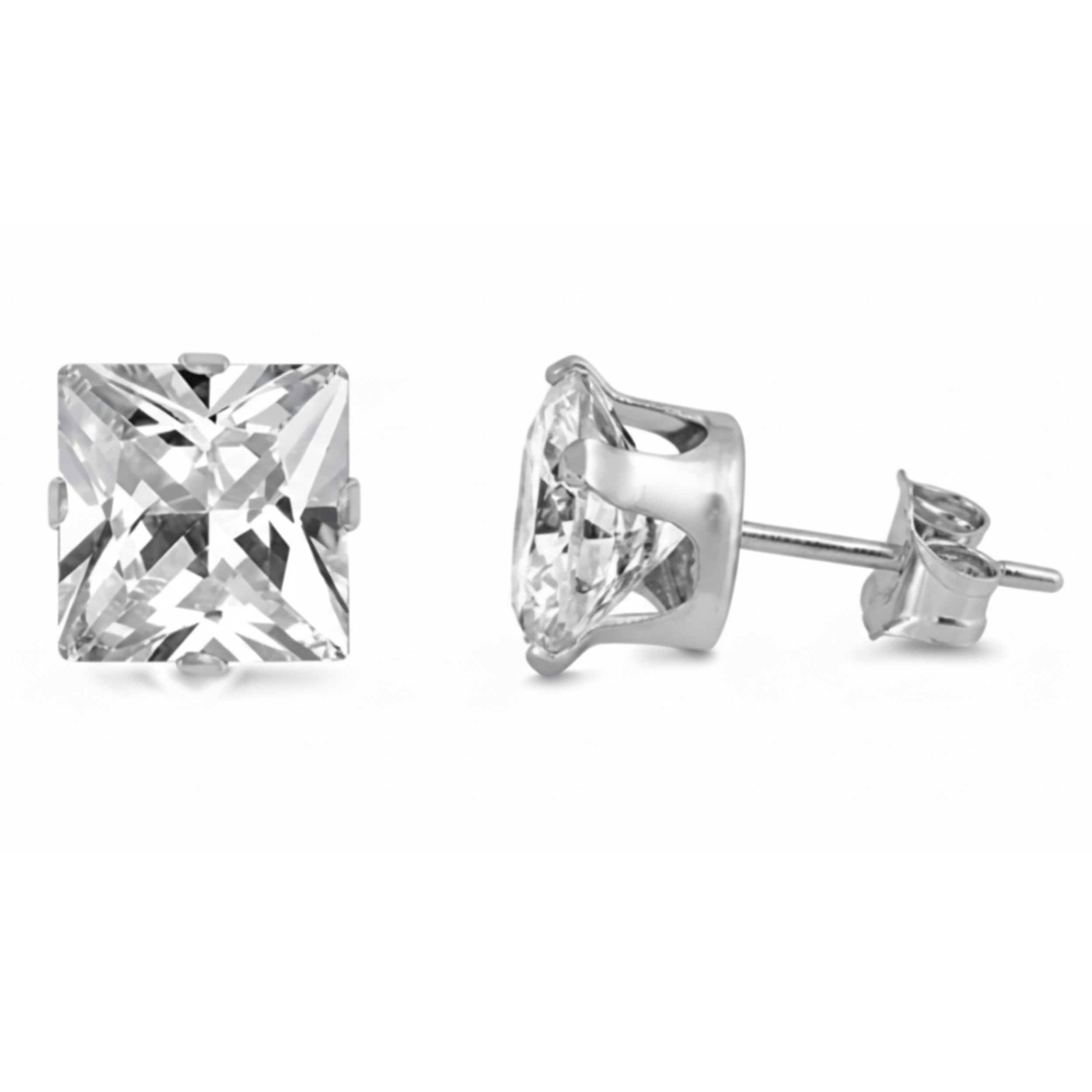 Earrings - Sterling Silver Clear Cubic Zirconia Princess Cut Studs (6mm)