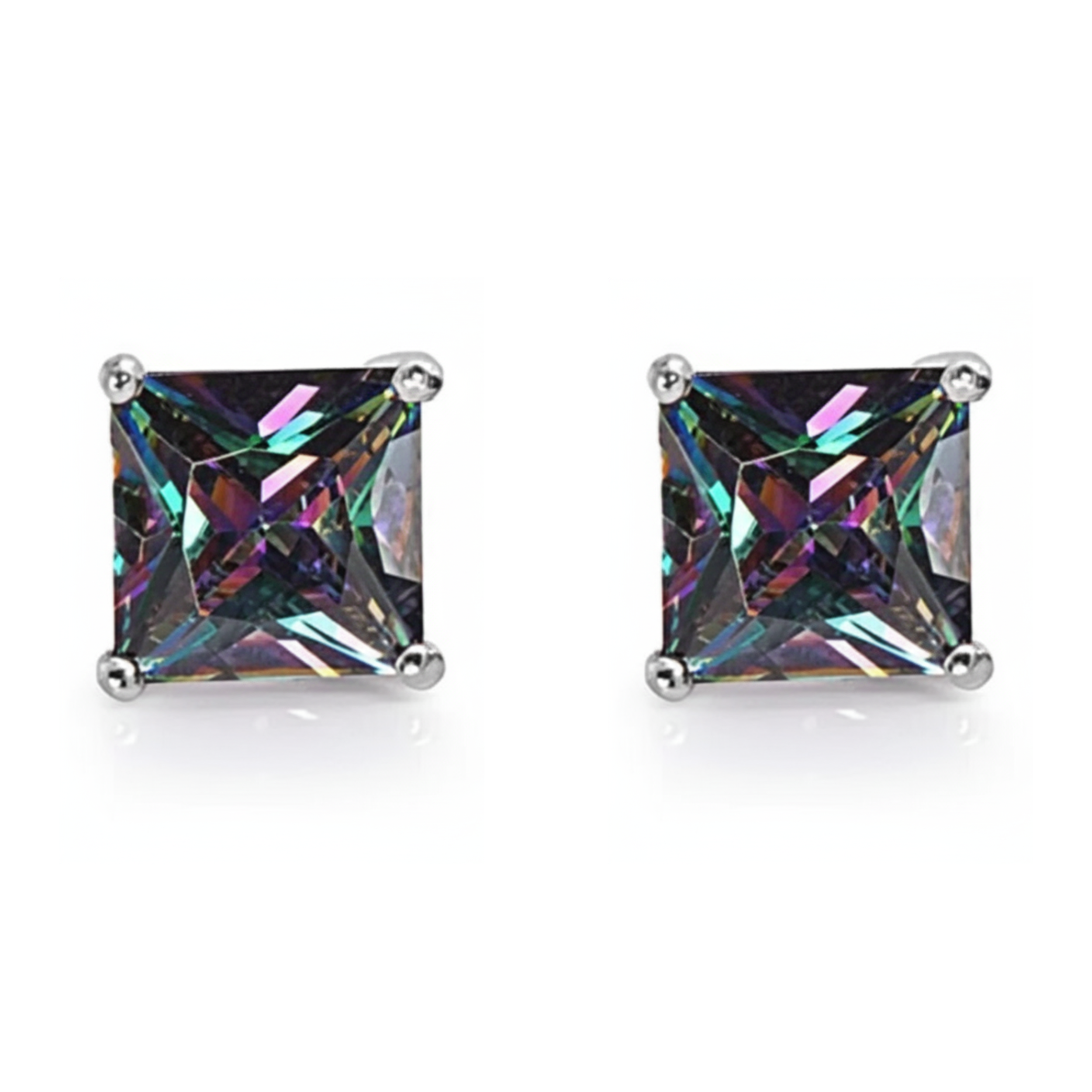 Earrings - Sterling Silver Rhodium Plated Rainbow Topaz Cubic Zirconia Princess Cut Studs (5mm)
