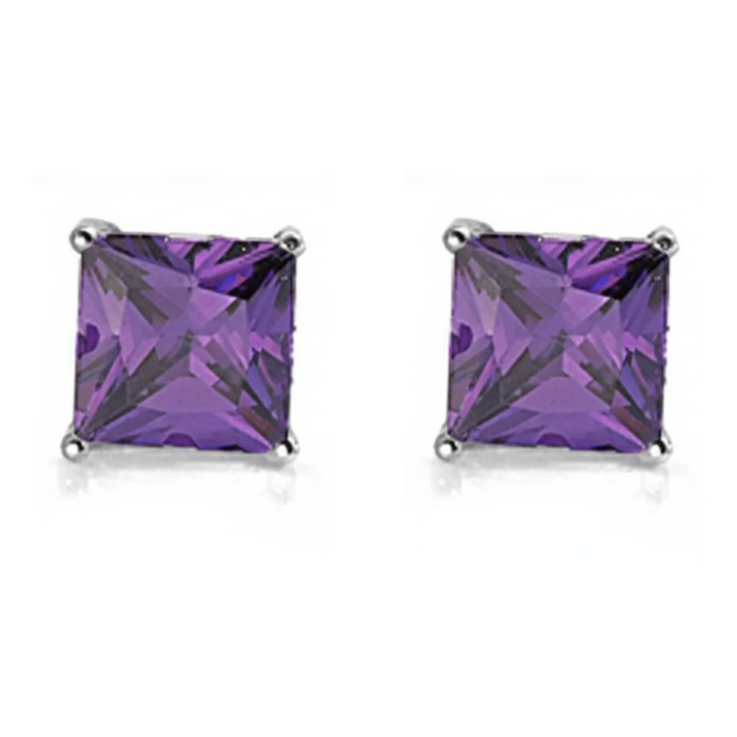 Earrings - Sterling Silver Rhodium Plated Amethyst Cubic Zirconia Princess Cut Studs (5mm)