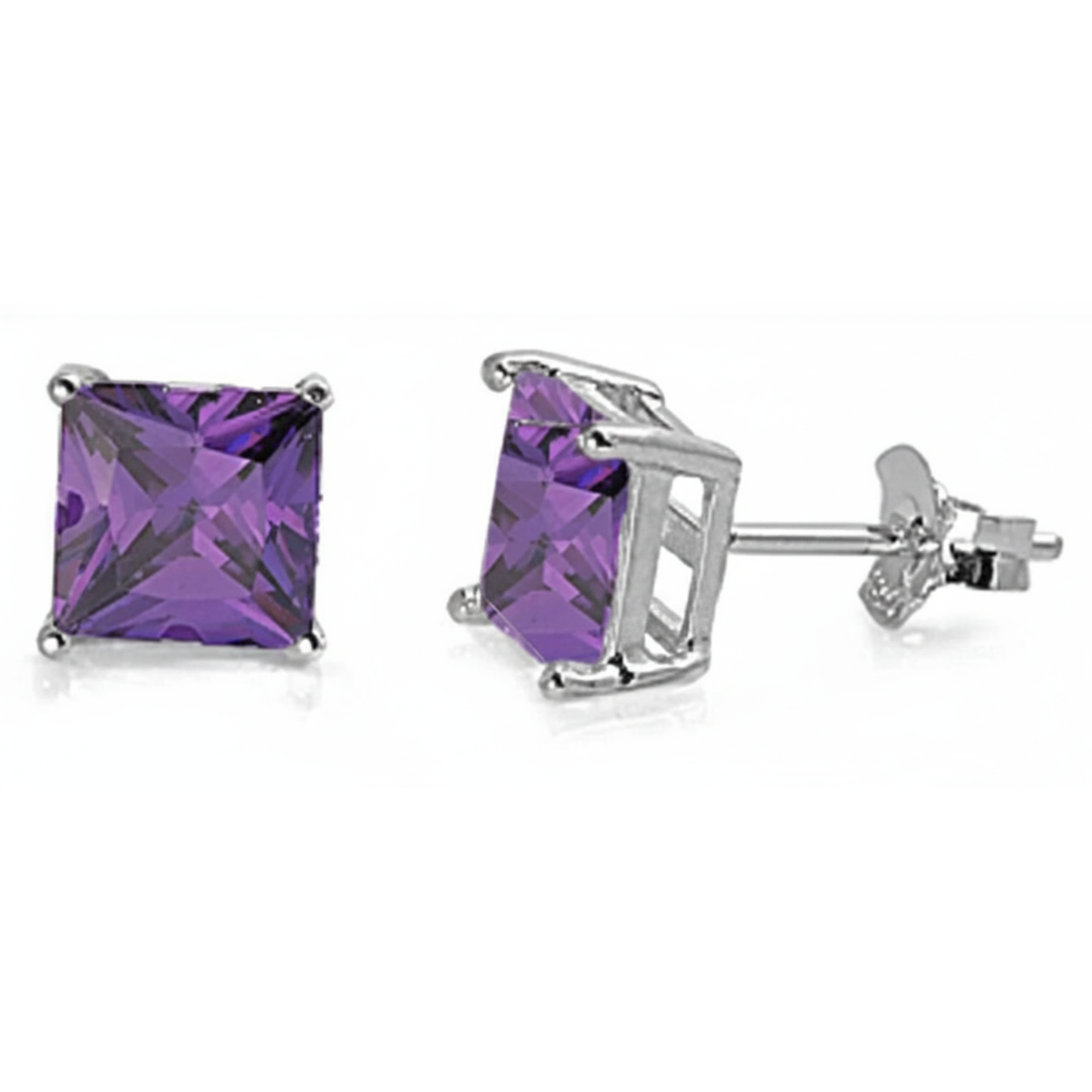 Earrings - Sterling Silver Rhodium Plated Amethyst Cubic Zirconia Princess Cut Studs (5mm)
