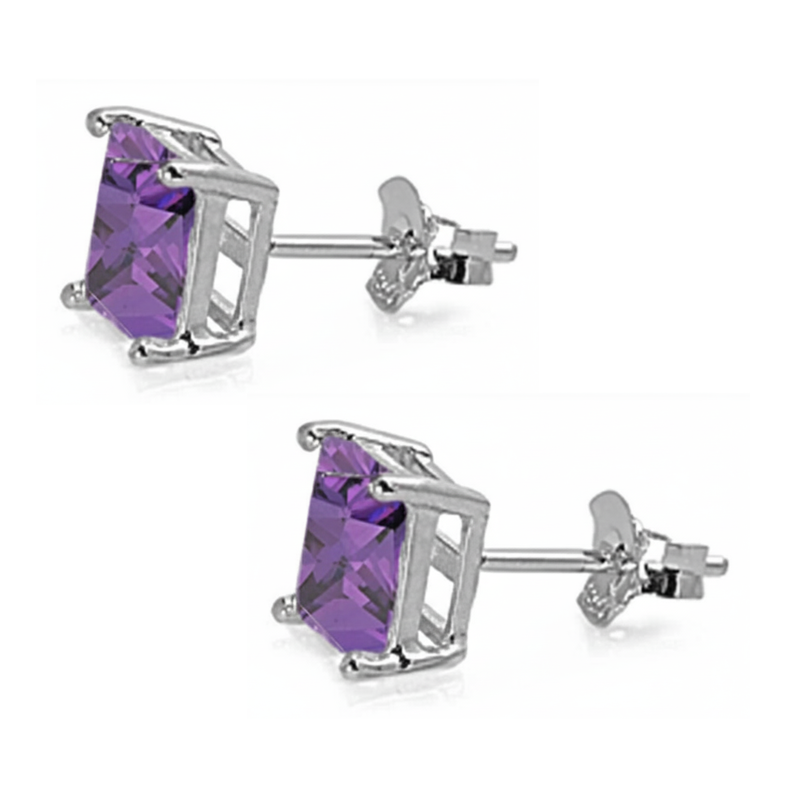 Earrings - Sterling Silver Rhodium Plated Amethyst Cubic Zirconia Princess Cut Studs (5mm)