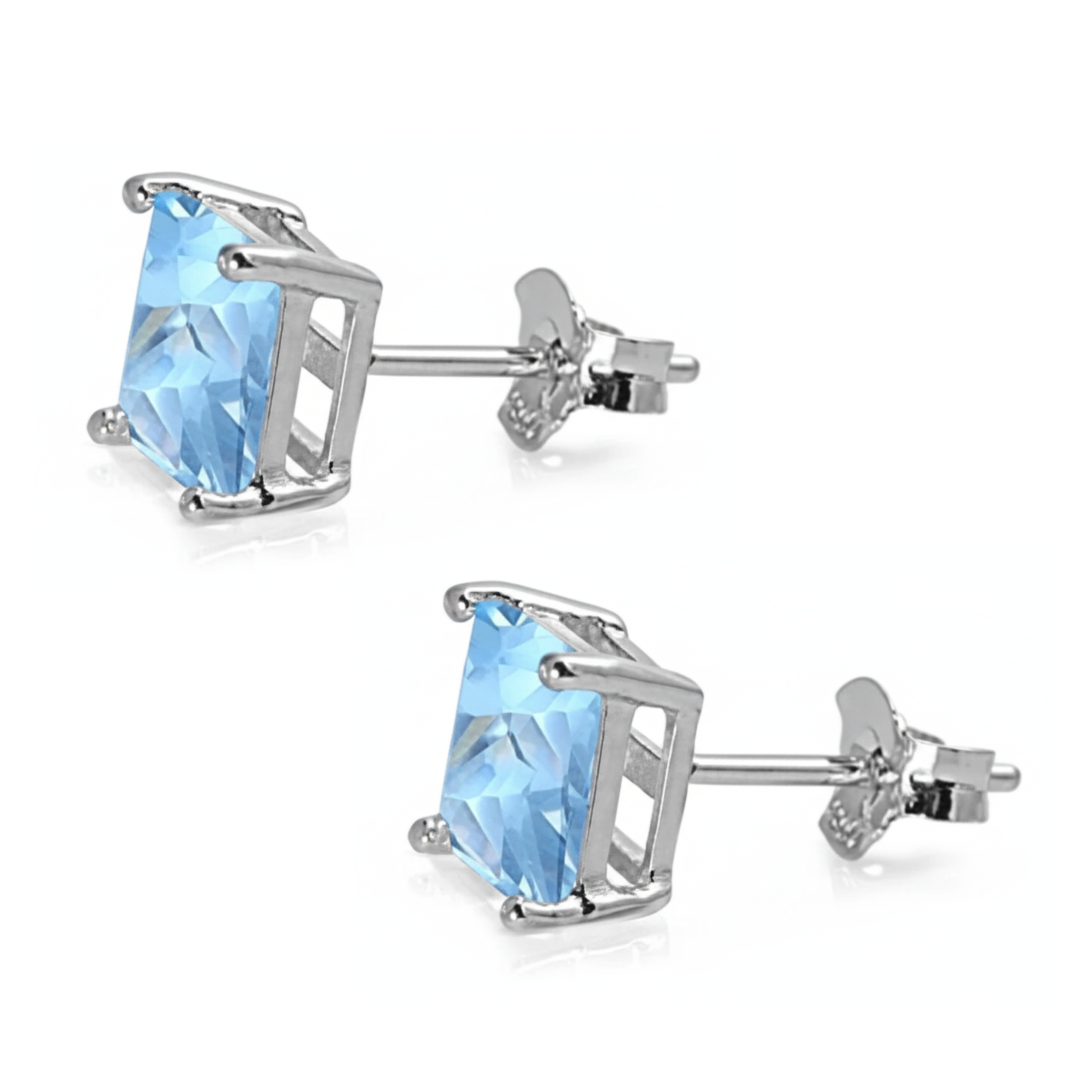 Earrings - Sterling Silver Rhodium Plated Aquamarine Cubic Zirconia Princess Cut Studs (5mm)