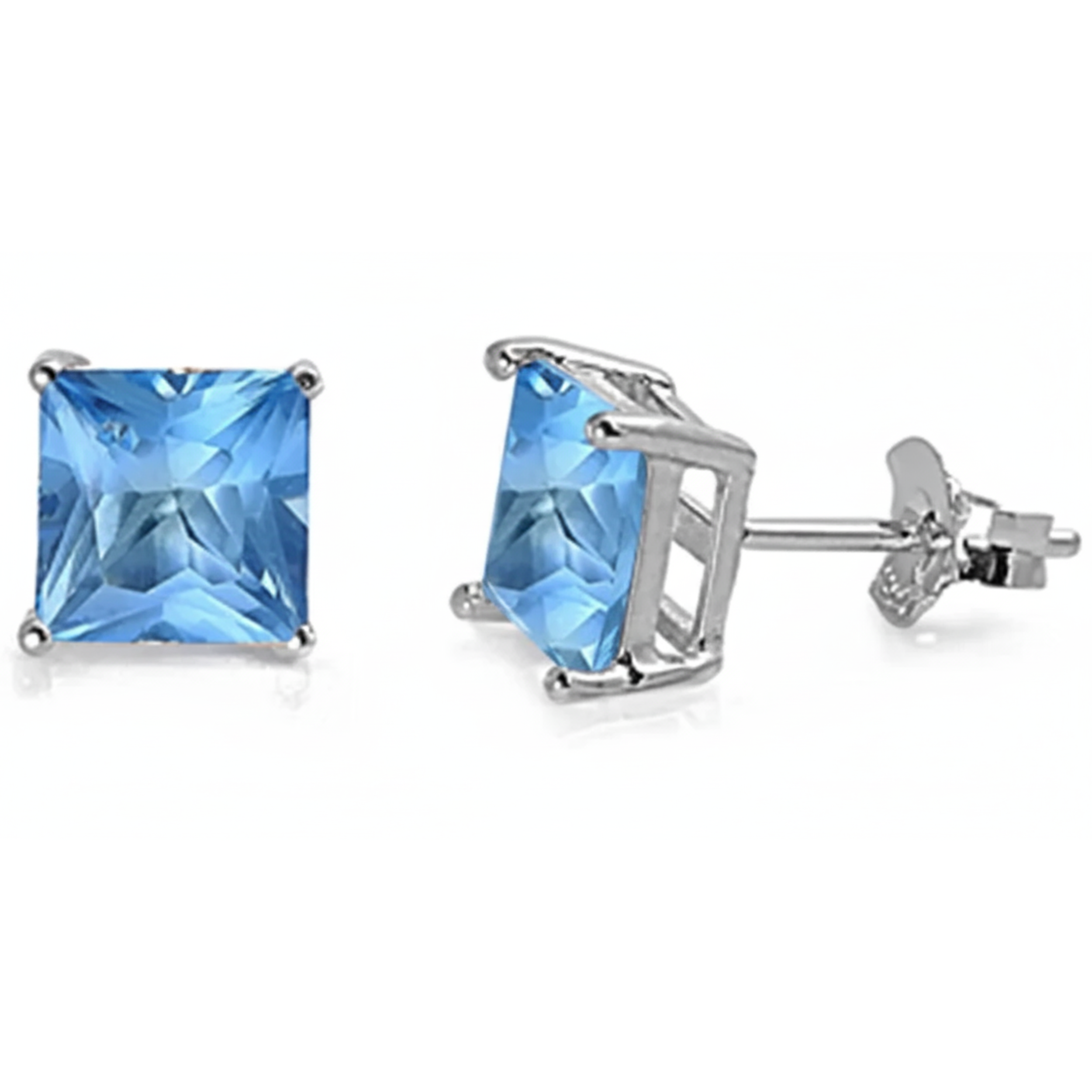 Earrings - Sterling Silver Rhodium Plated Blue Topaz Cubic Zirconia Princess Cut Studs (5mm)