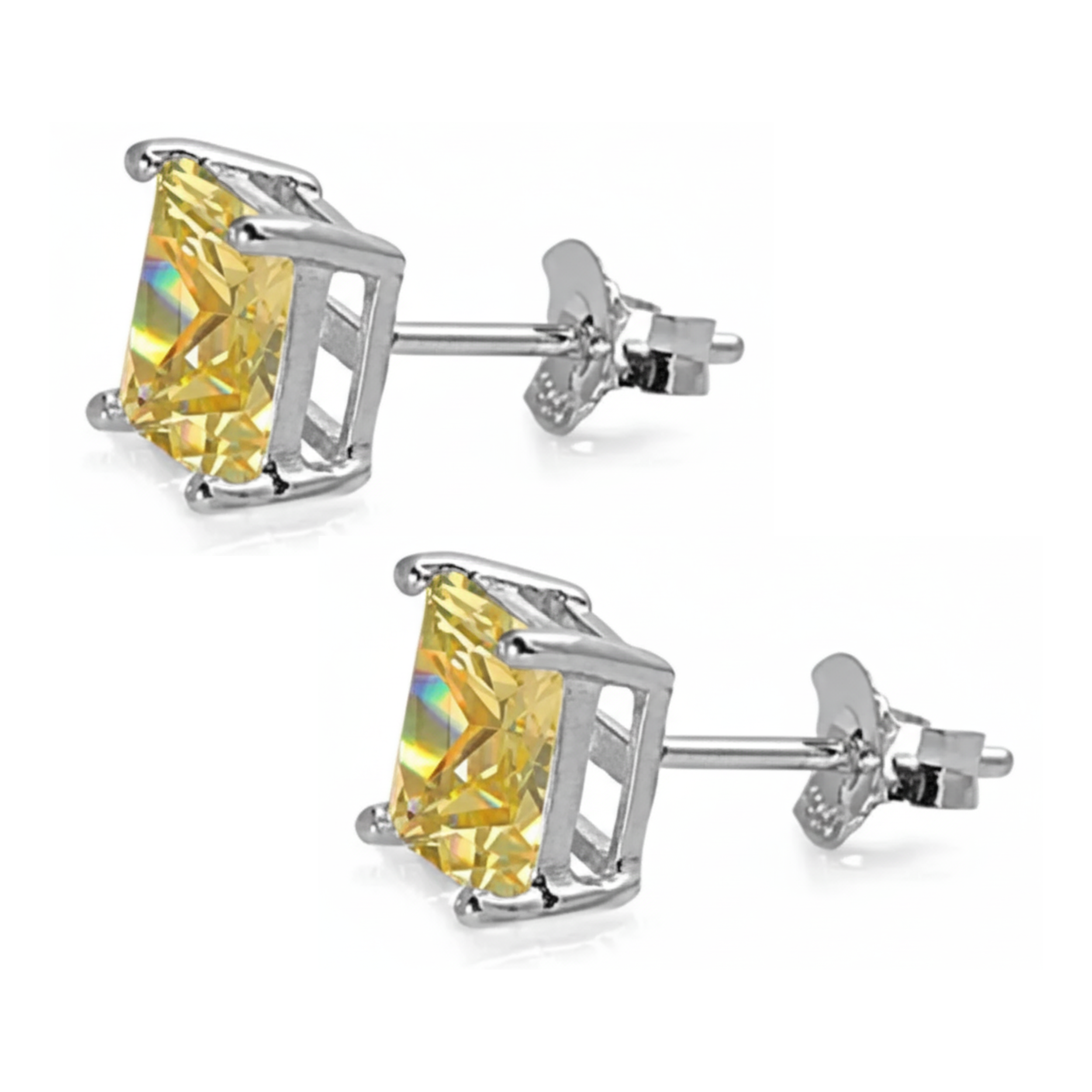 Earrings - Sterling Silver Rhodium Plated Citrine Cubic Zirconia Princess Cut Studs (5mm)