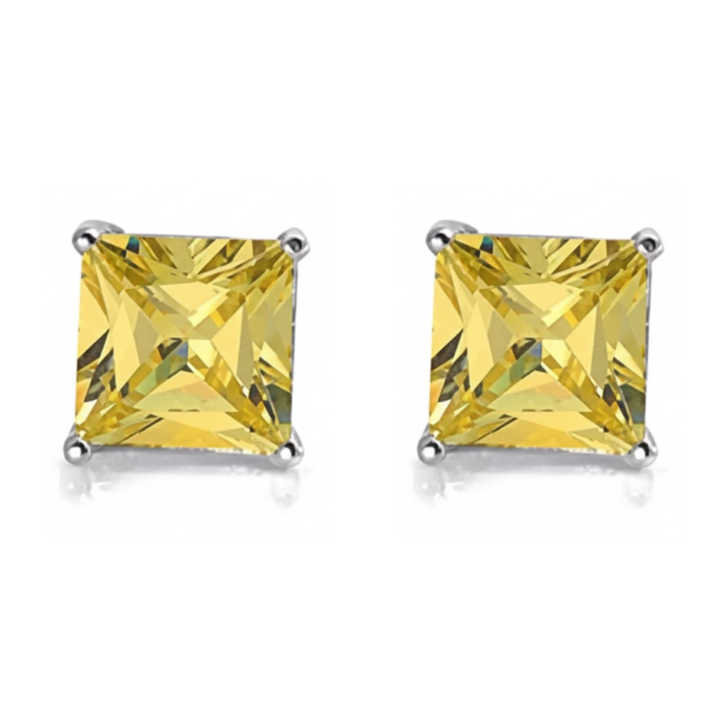 Earrings - Sterling Silver Rhodium Plated Citrine Cubic Zirconia Princess Cut Studs (5mm)