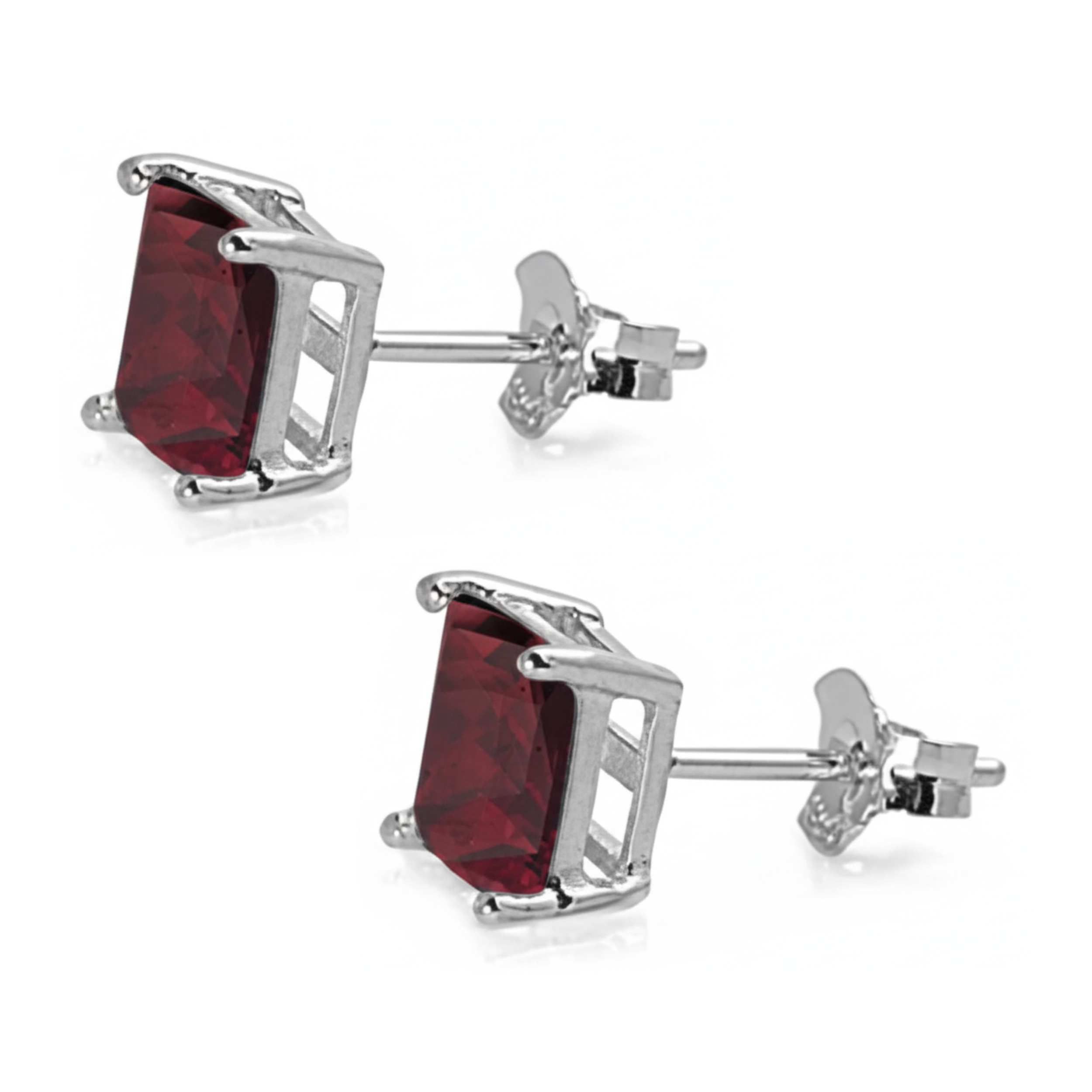 Earrings - Sterling Silver Rhodium Plated Garnet Cubic Zirconia Princess Cut Studs (5mm)