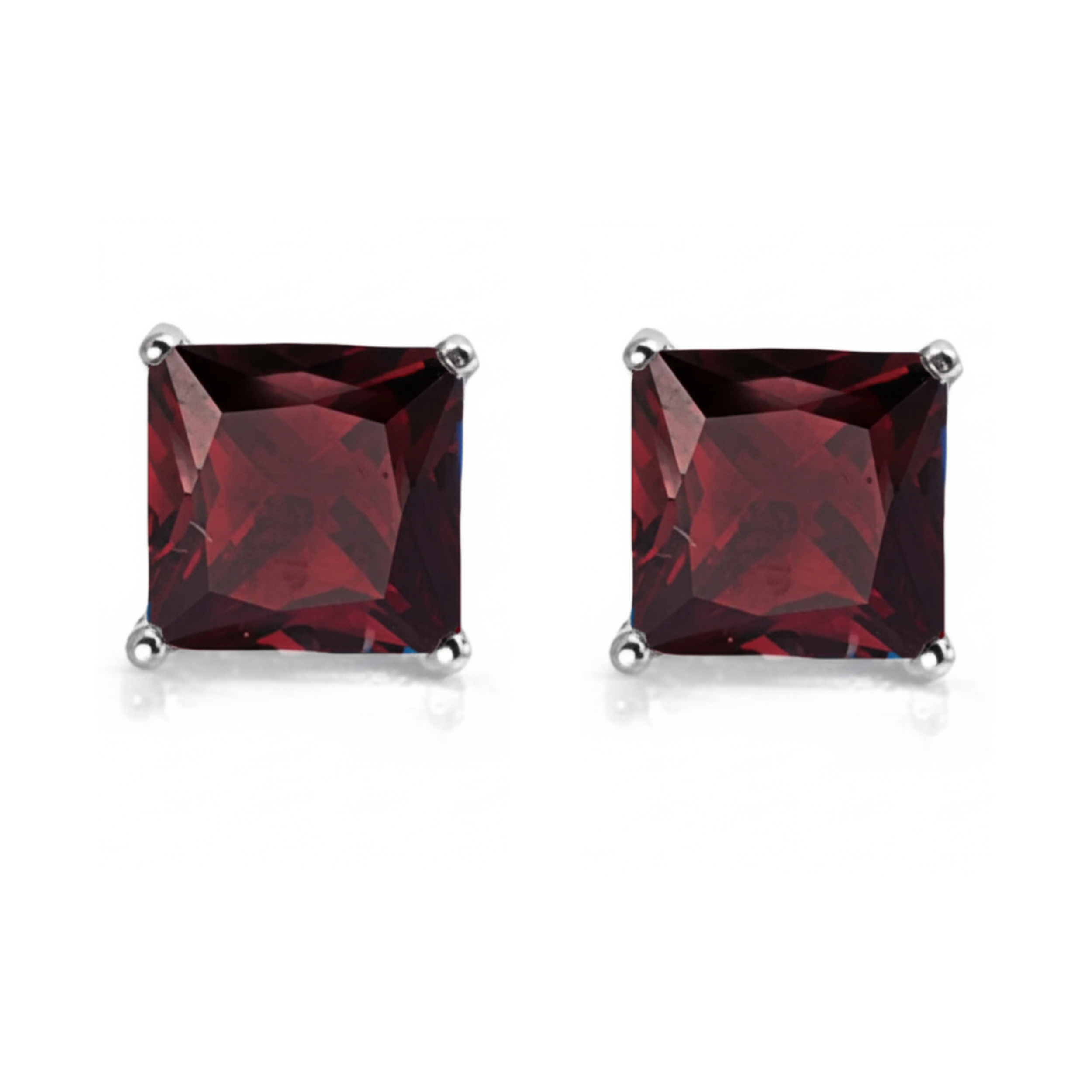 Earrings - Sterling Silver Rhodium Plated Garnet Cubic Zirconia Princess Cut Studs (5mm)