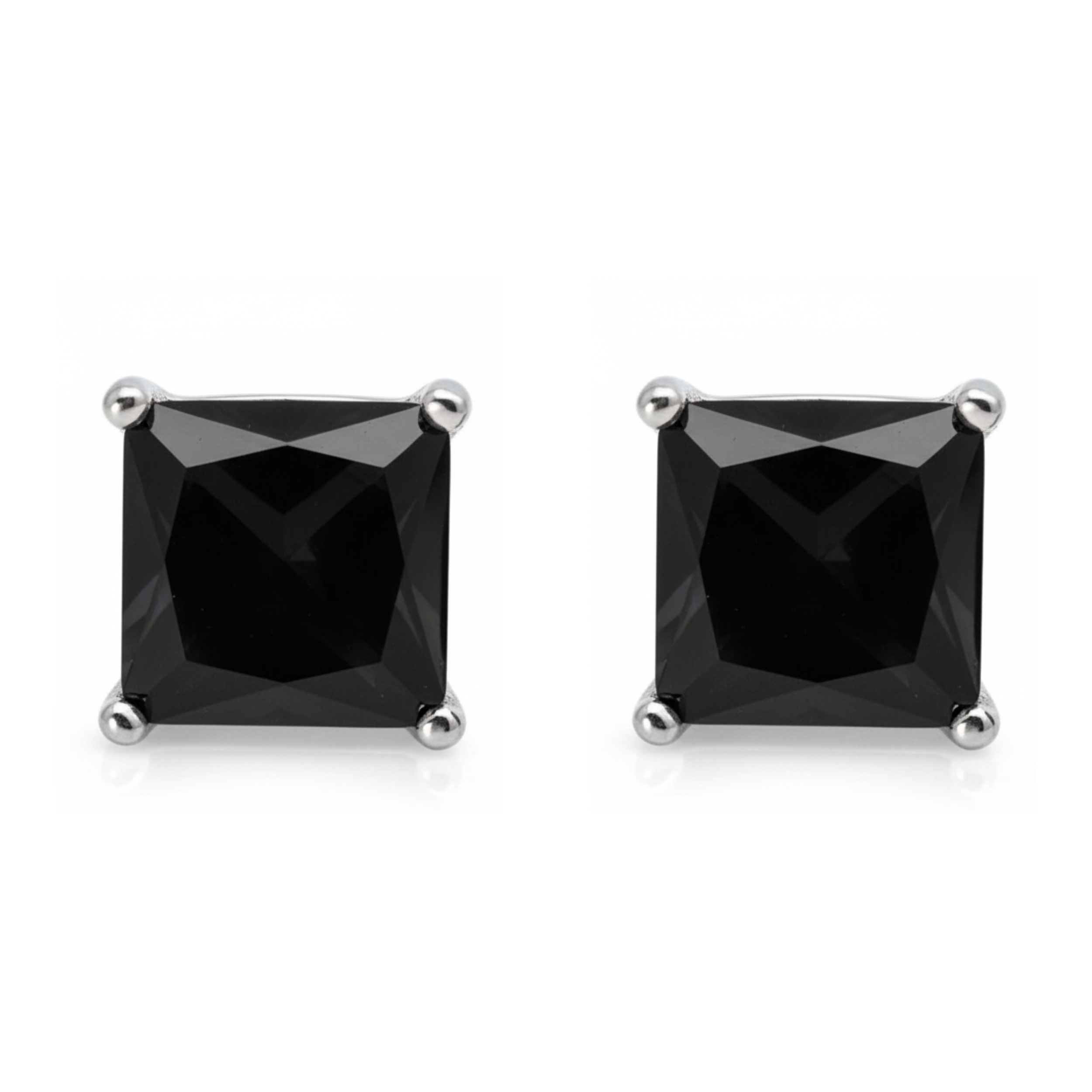 Earrings - Sterling Silver Rhodium Plated Black Onyx Cubic Zirconia Princess Cut Studs (5mm)