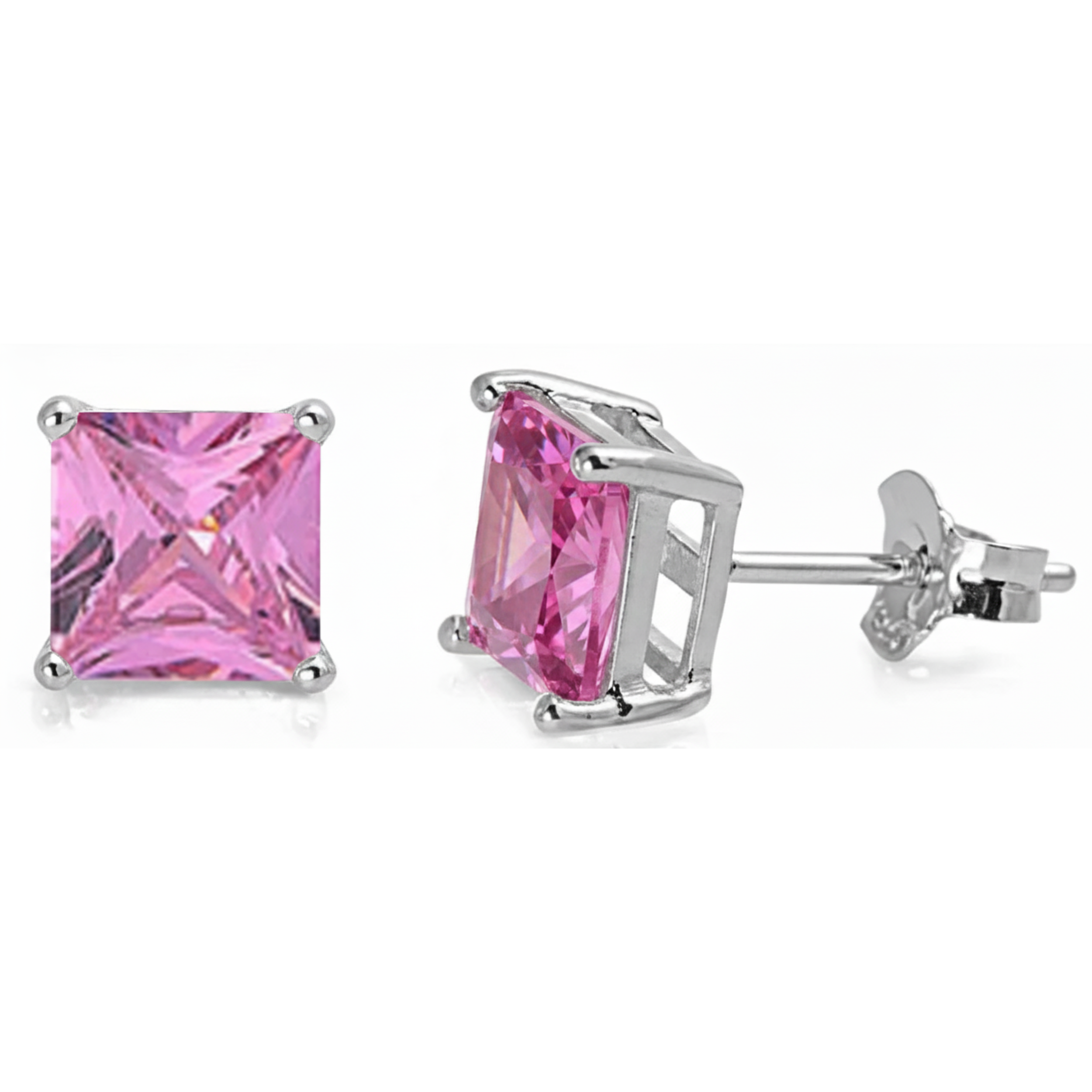 Earrings - Sterling Silver Rhodium Plated Pink Tourmaline Cubic Zirconia Princess Cut Studs (5mm)