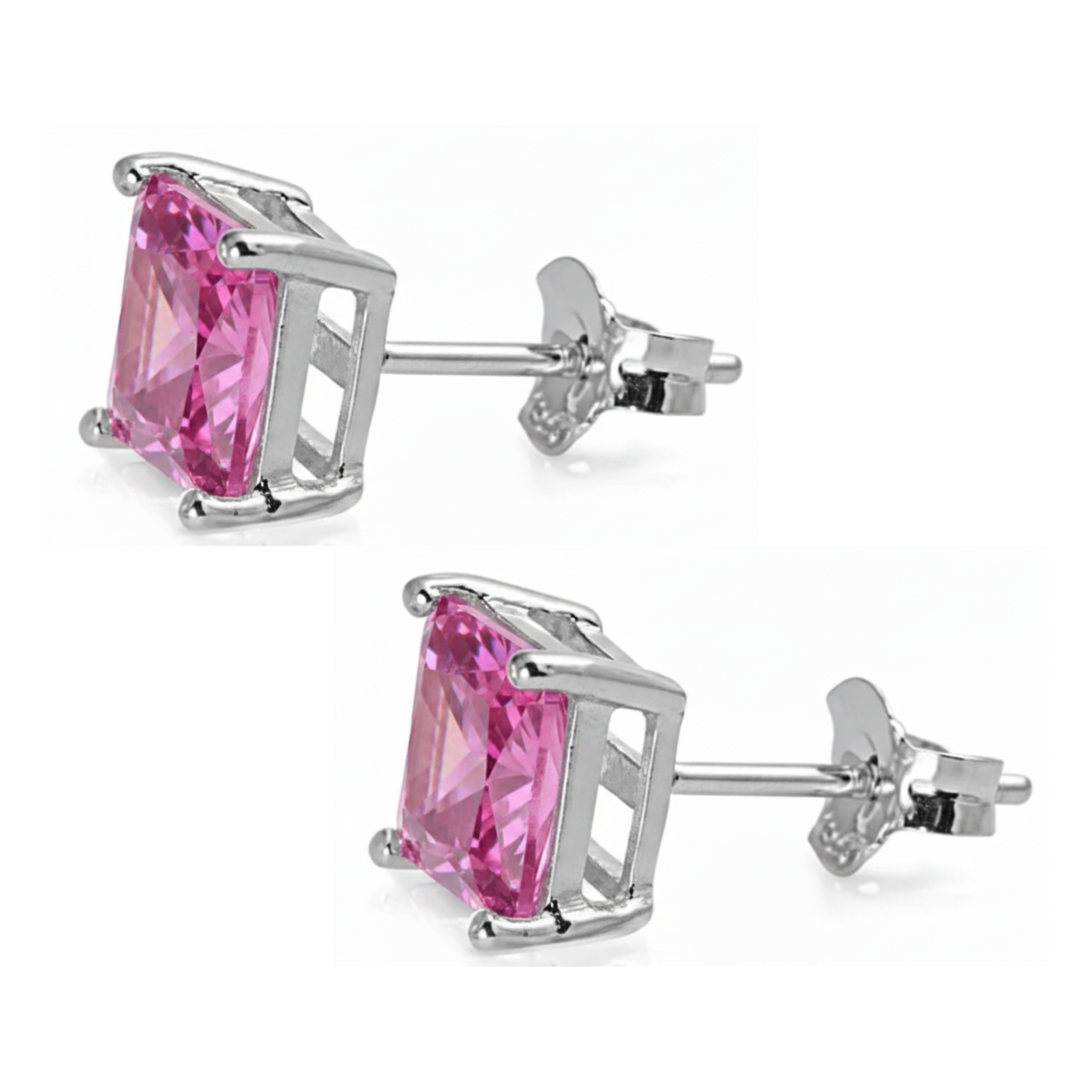 Earrings - Sterling Silver Rhodium Plated Pink Tourmaline Cubic Zirconia Princess Cut Studs (5mm)