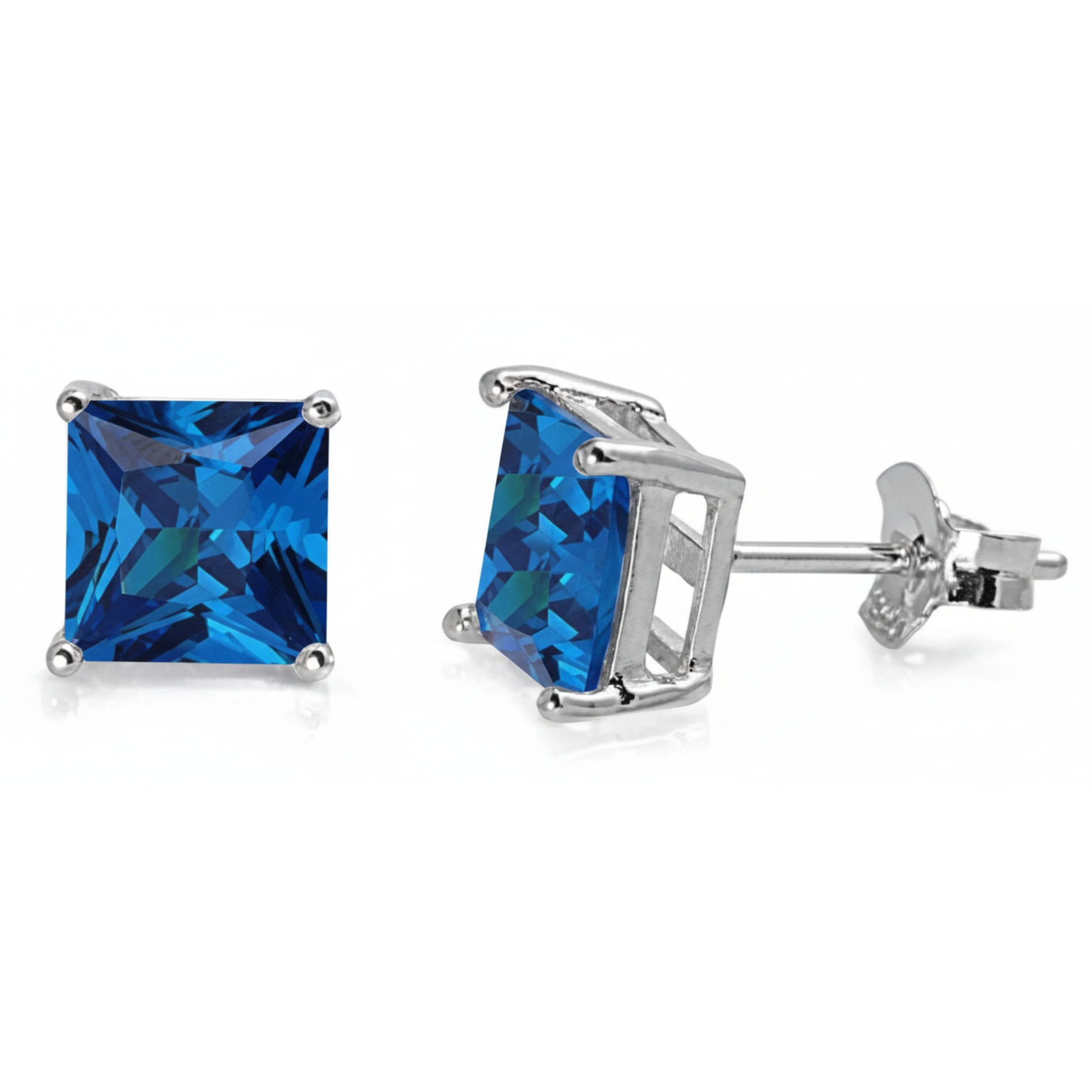 Earrings - Sterling Silver Rhodium Plated Blue Sapphire Cubic Zirconia Princess Cut Studs (5mm)