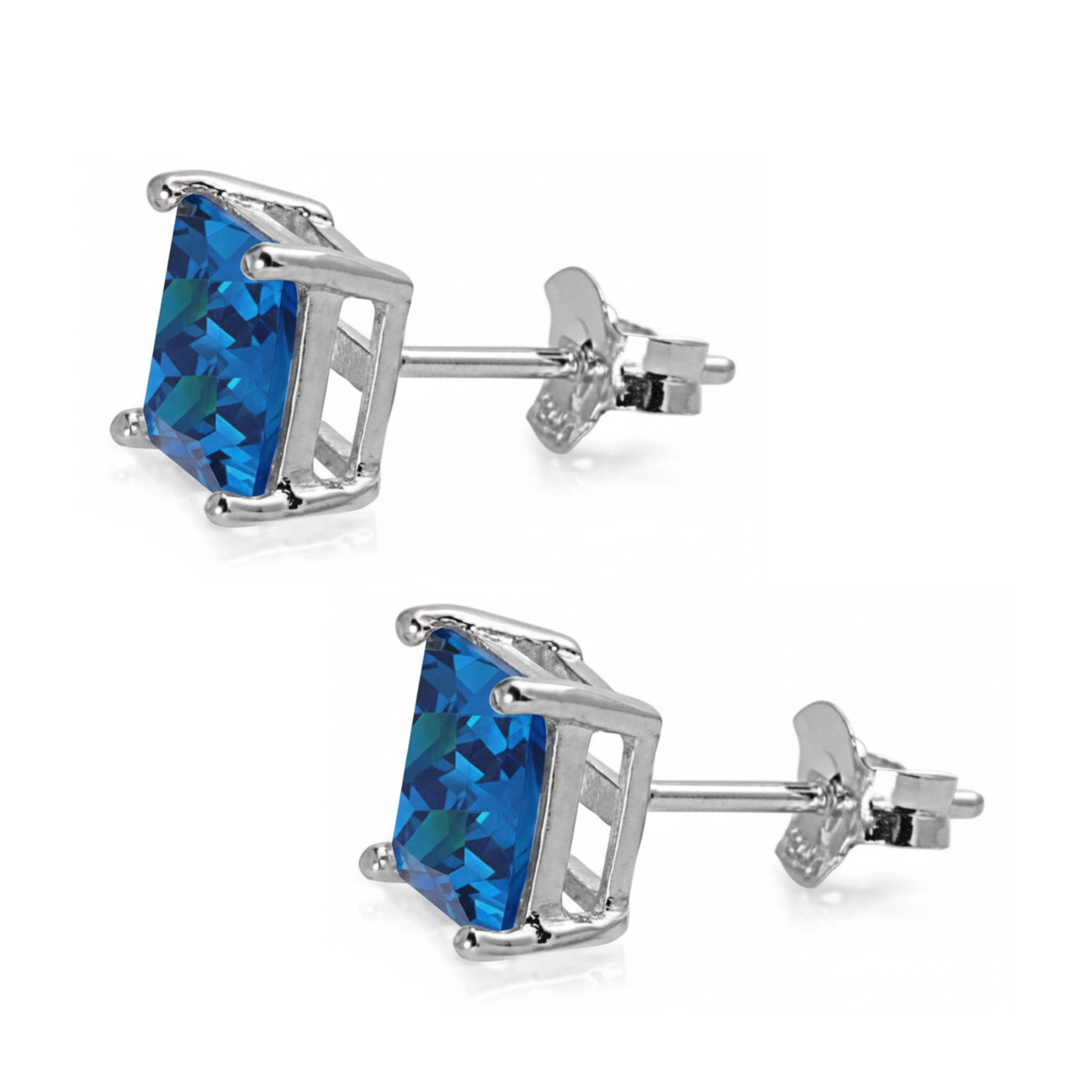 Earrings - Sterling Silver Rhodium Plated Blue Sapphire Cubic Zirconia Princess Cut Studs (5mm)