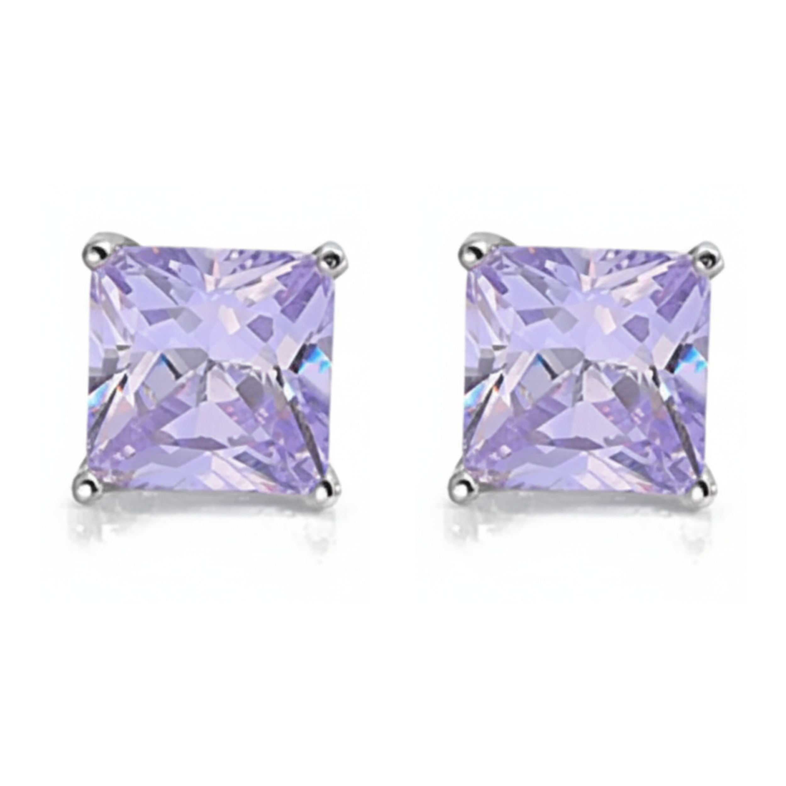 Earrings - Sterling Silver Rhodium Plated Cape Lavender Cubic Zirconia Princess Cut Studs (5mm)