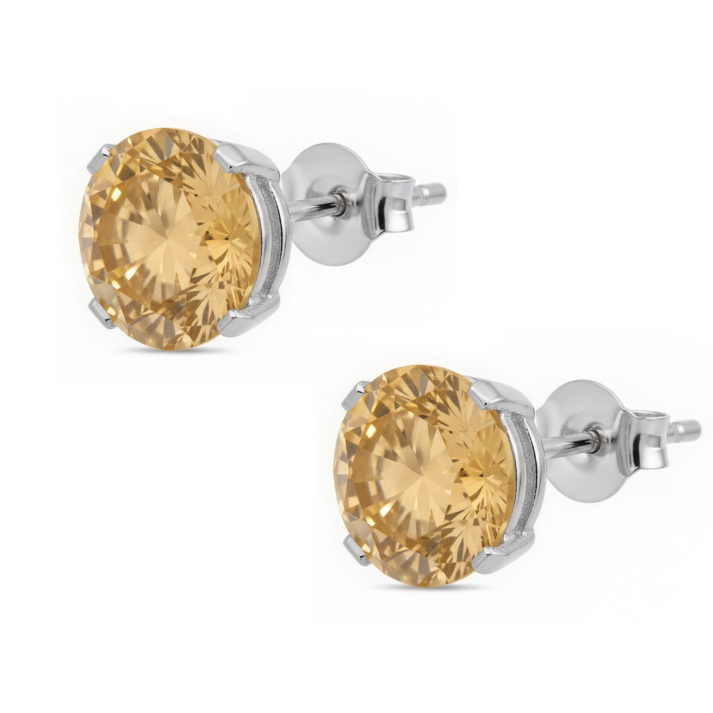 Earrings - Sterling Silver Rhodium Plated Champagne Cubic Zirconia Round Cut Studs (5mm