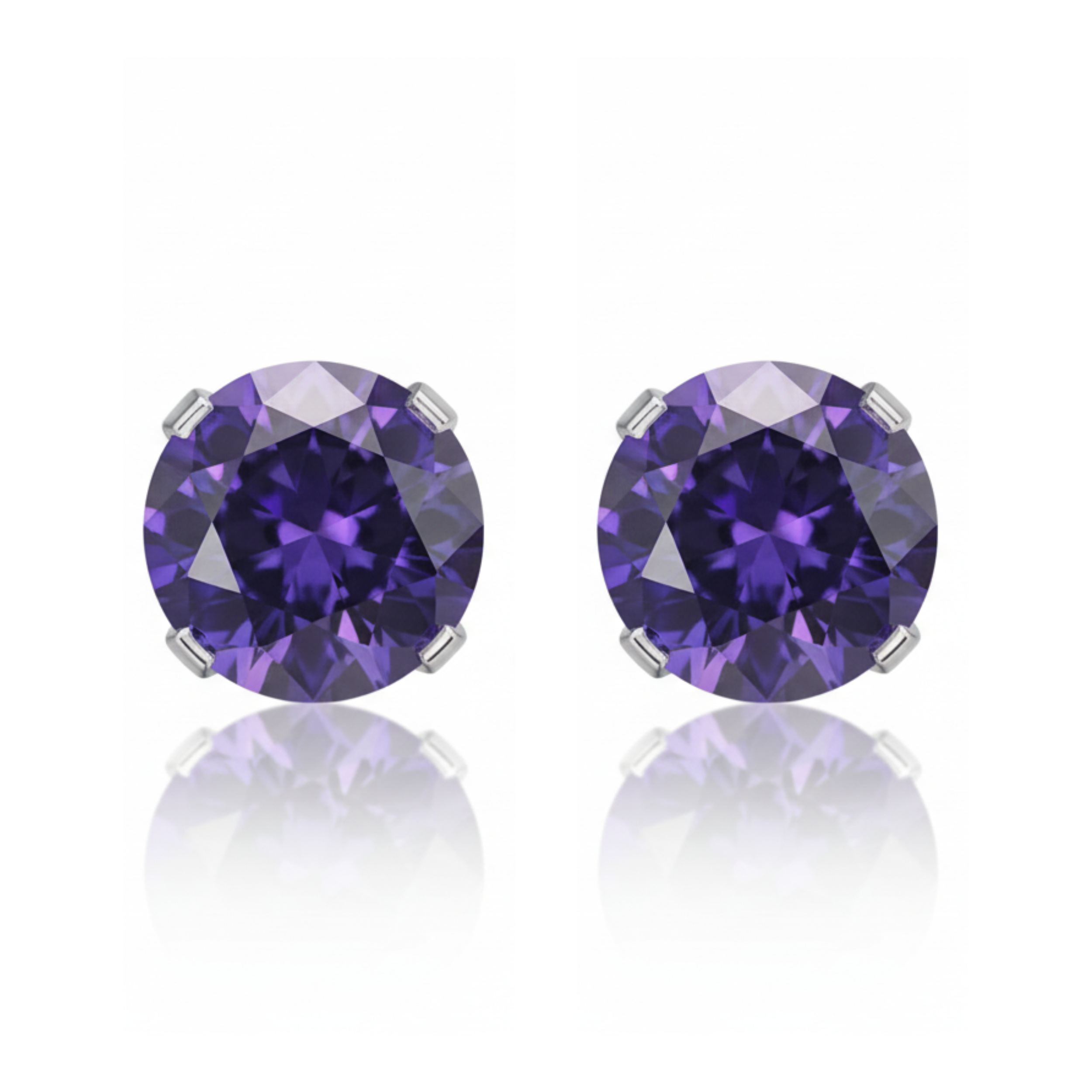 Earrings - Sterling Silver Rhodium Plated Amethyst Cubic Zirconia Round Cut Studs (5mm)