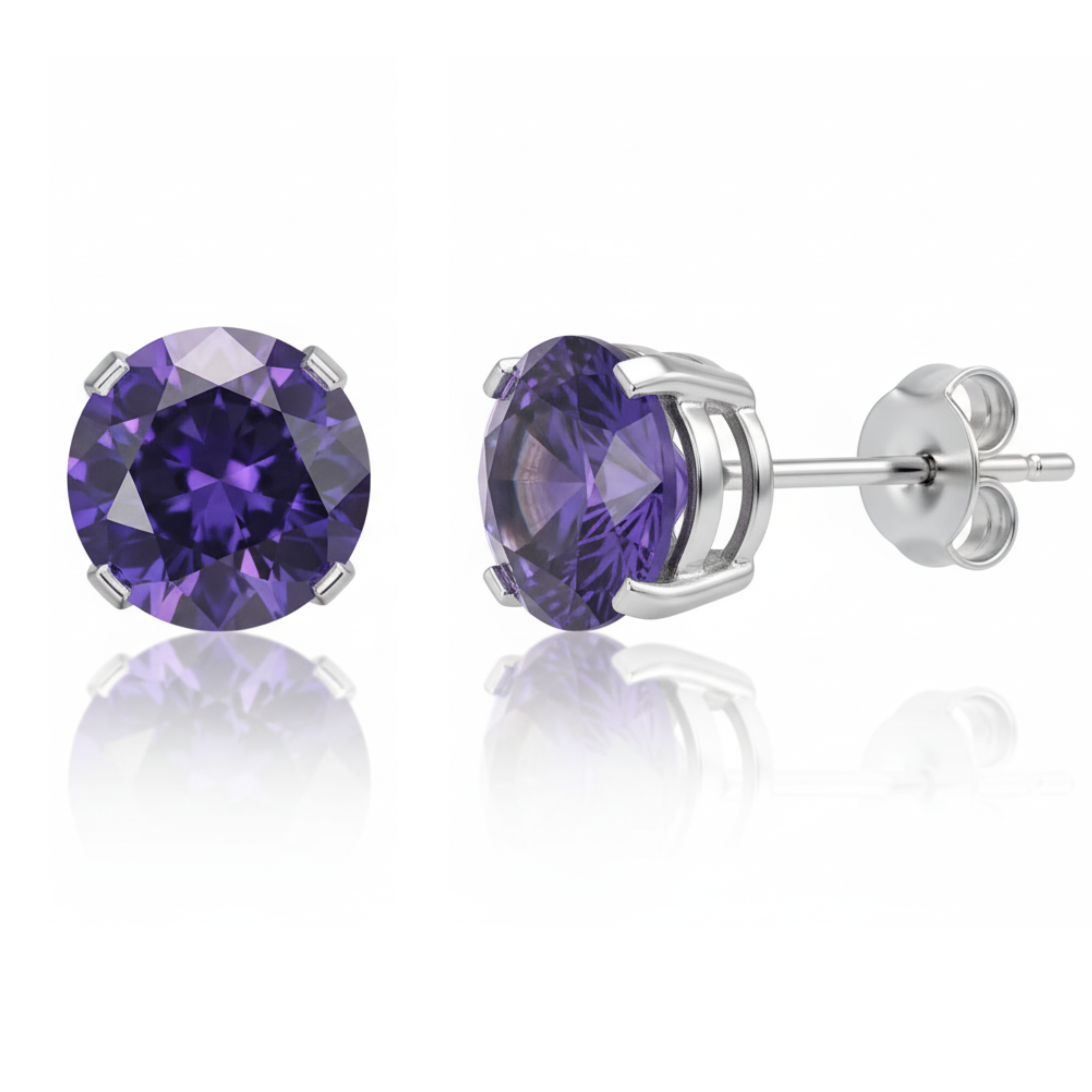 Earrings - Sterling Silver Rhodium Plated Amethyst Cubic Zirconia Round Cut Studs (5mm)