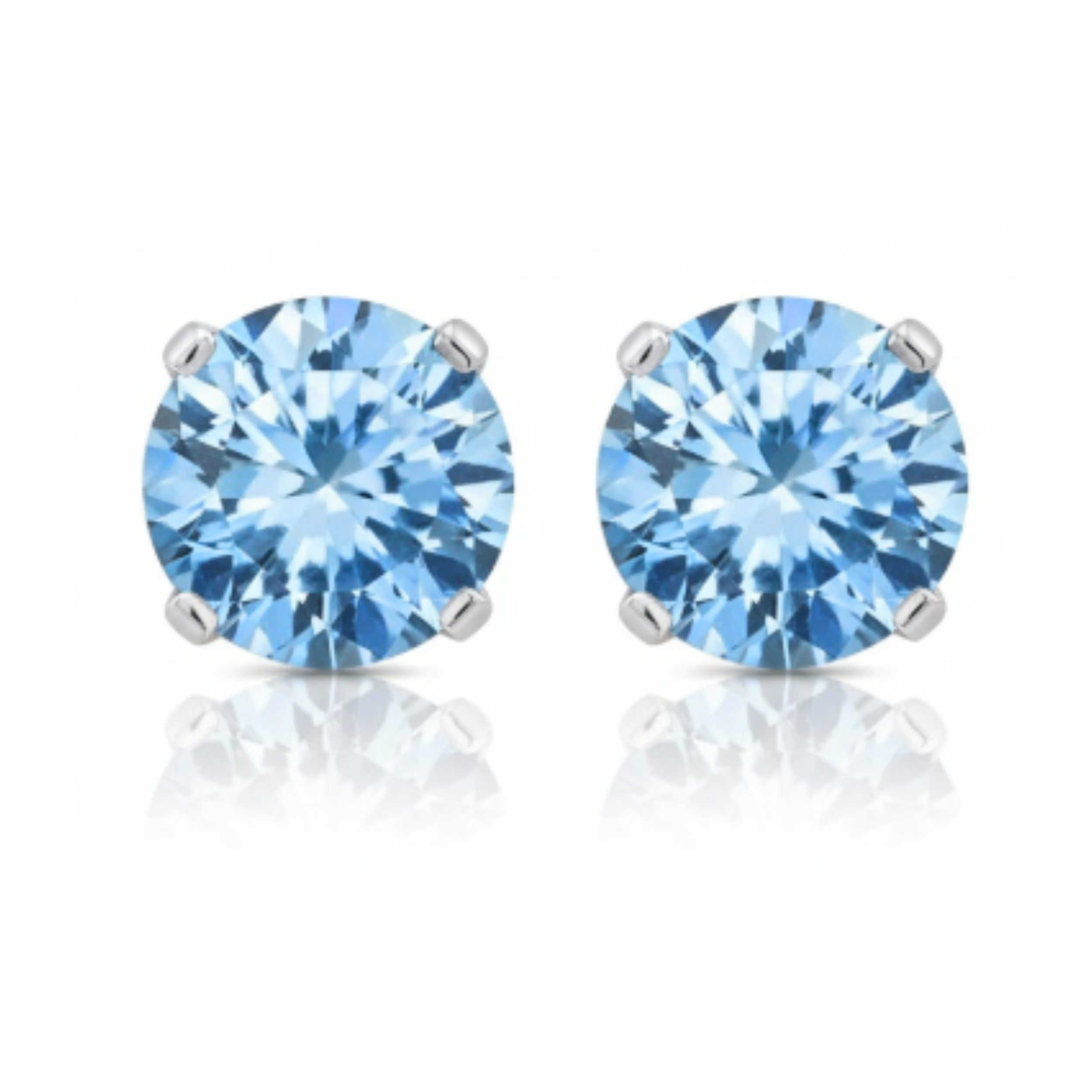 Earrings - Sterling Silver Rhodium Plated Aquamarine Cubic Zirconia Round Cut Studs (5mm)