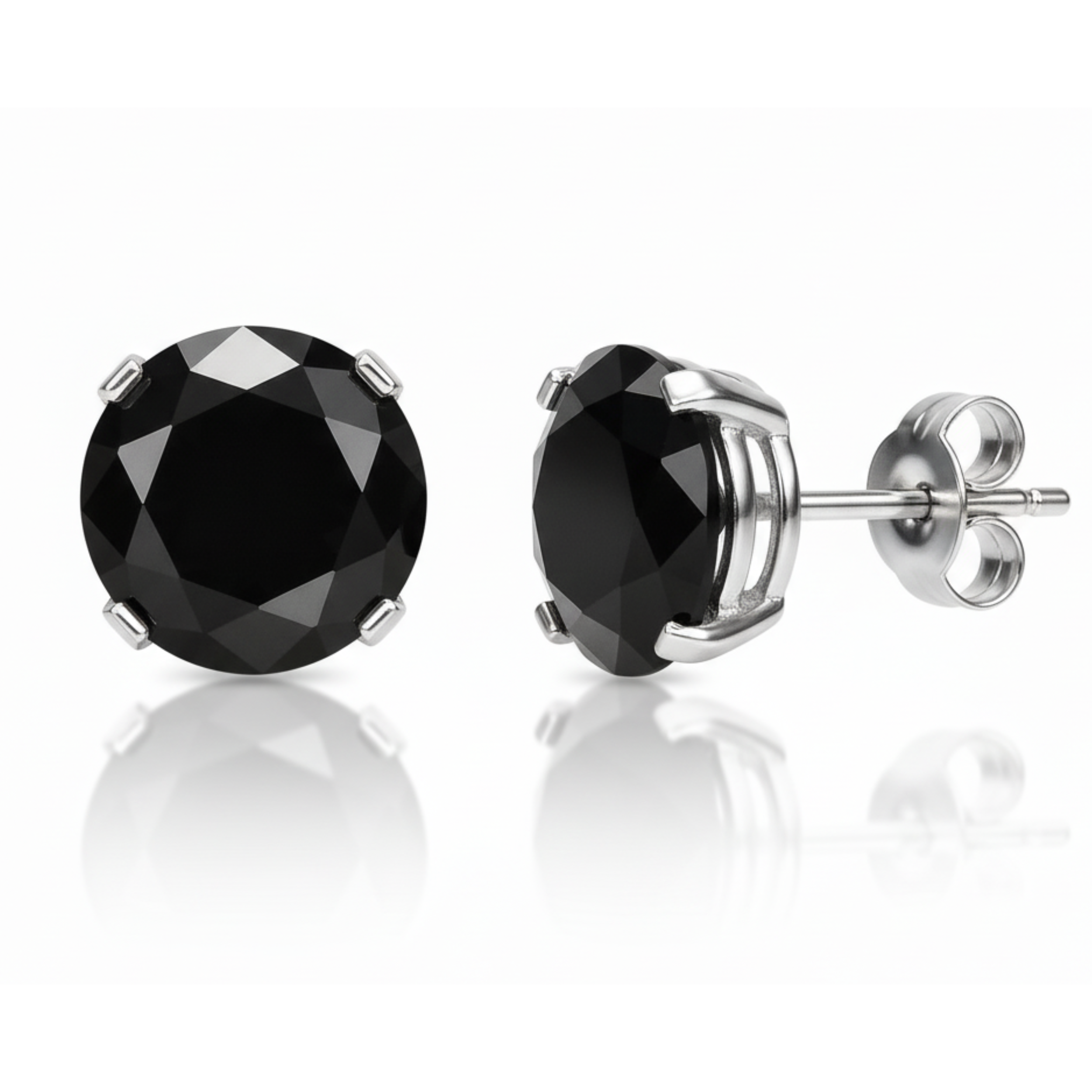 Earrings - Sterling Silver Rhodium Plated Black Cubic Zirconia Round Cut Studs (5mm)